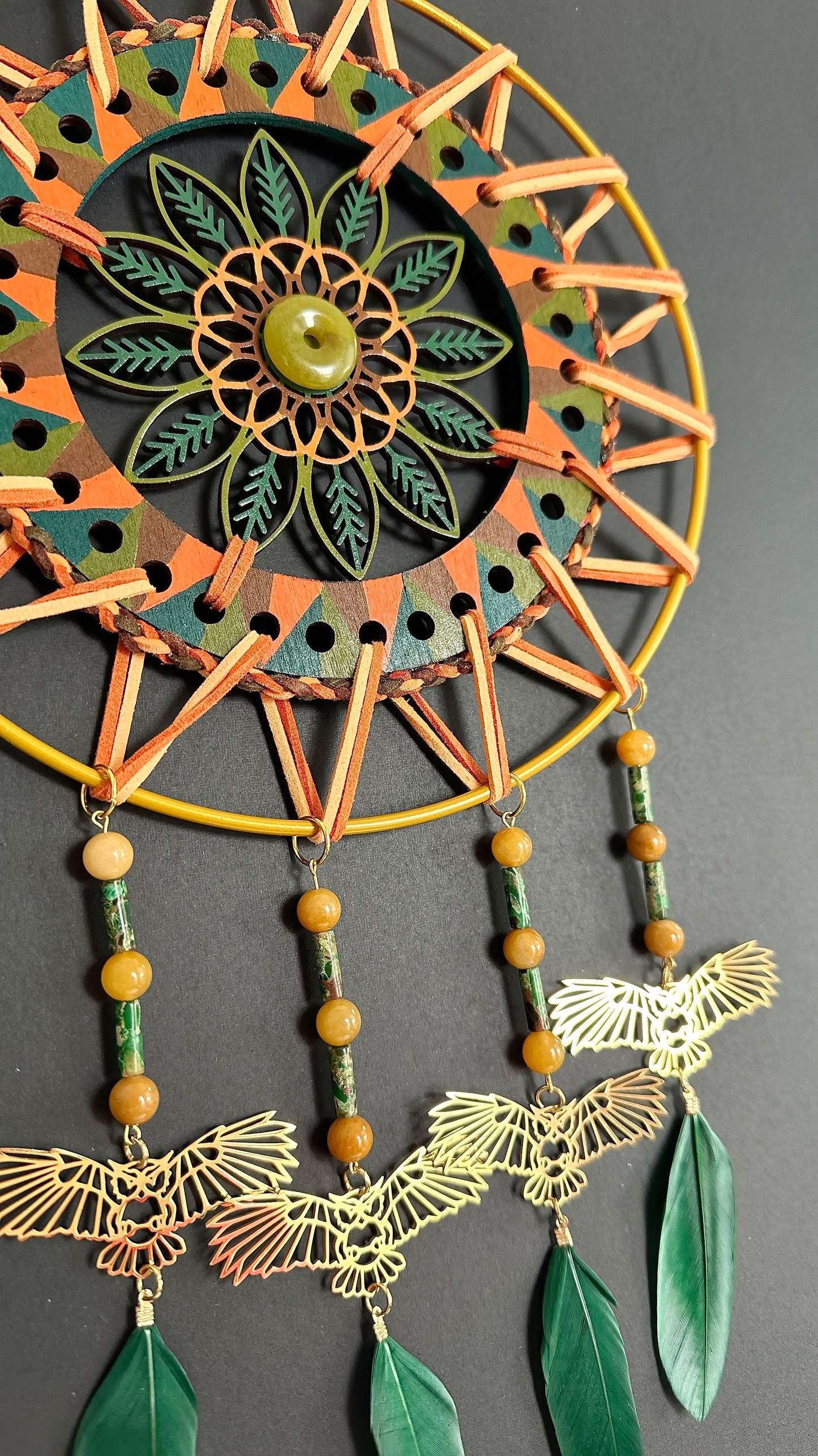 Hand painted Wooden Dreamcatcher w/ Serpentine, Imperial Jasper, Citrine, Duck Feather - 'Owl' (XL)