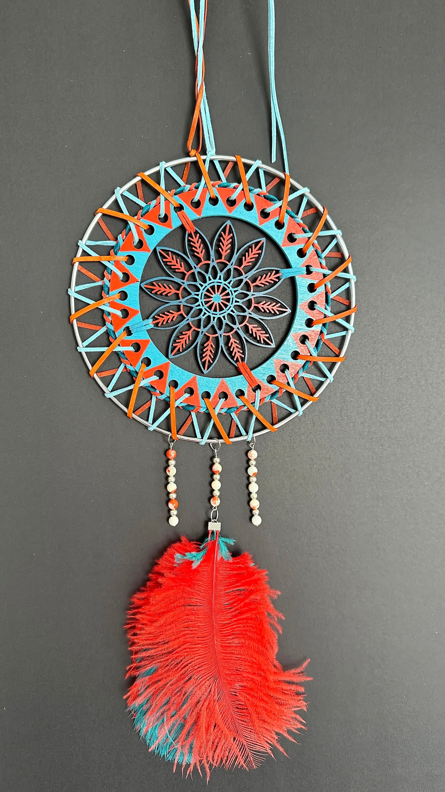 Hand painted Wooden Dreamcatcher w/ Azure Imperial Jasper, Ostrich Feather (XL)