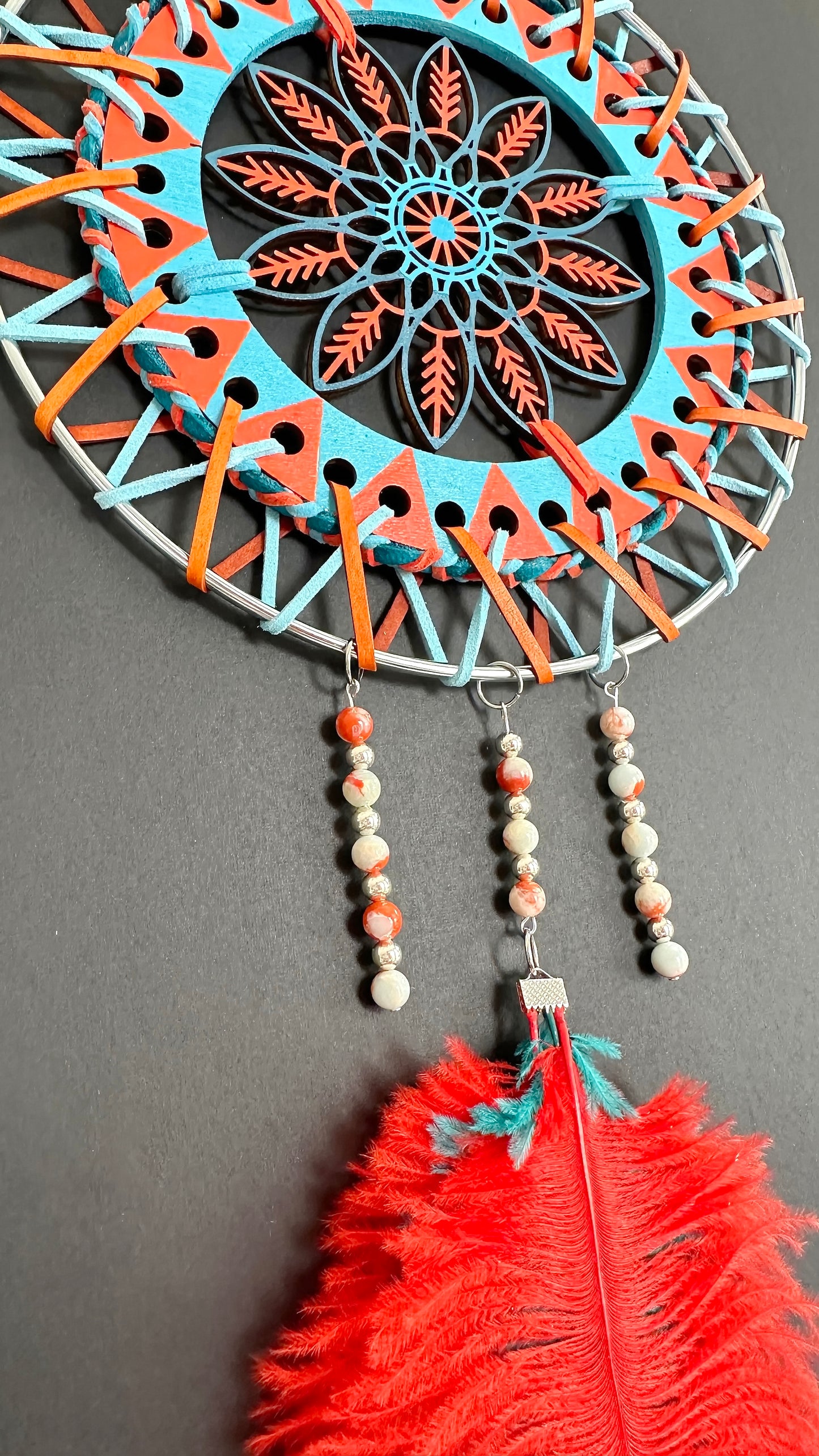 Hand painted Wooden Dreamcatcher w/ Azure Imperial Jasper, Ostrich Feather (XL)