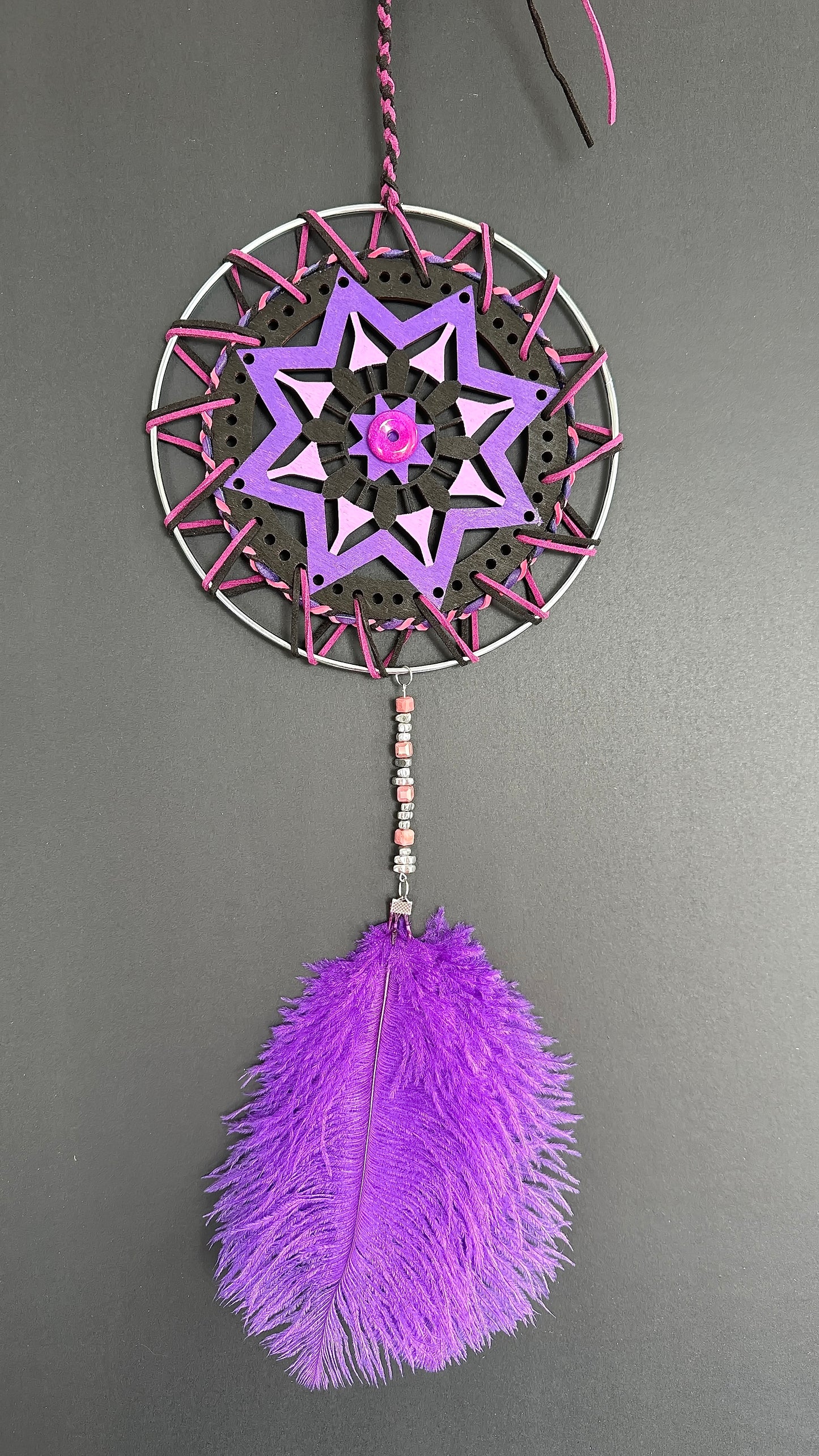 Hand painted Wooden Dreamcatcher w/ Hematite, Rhodonite, Ostrich Feather (XL)