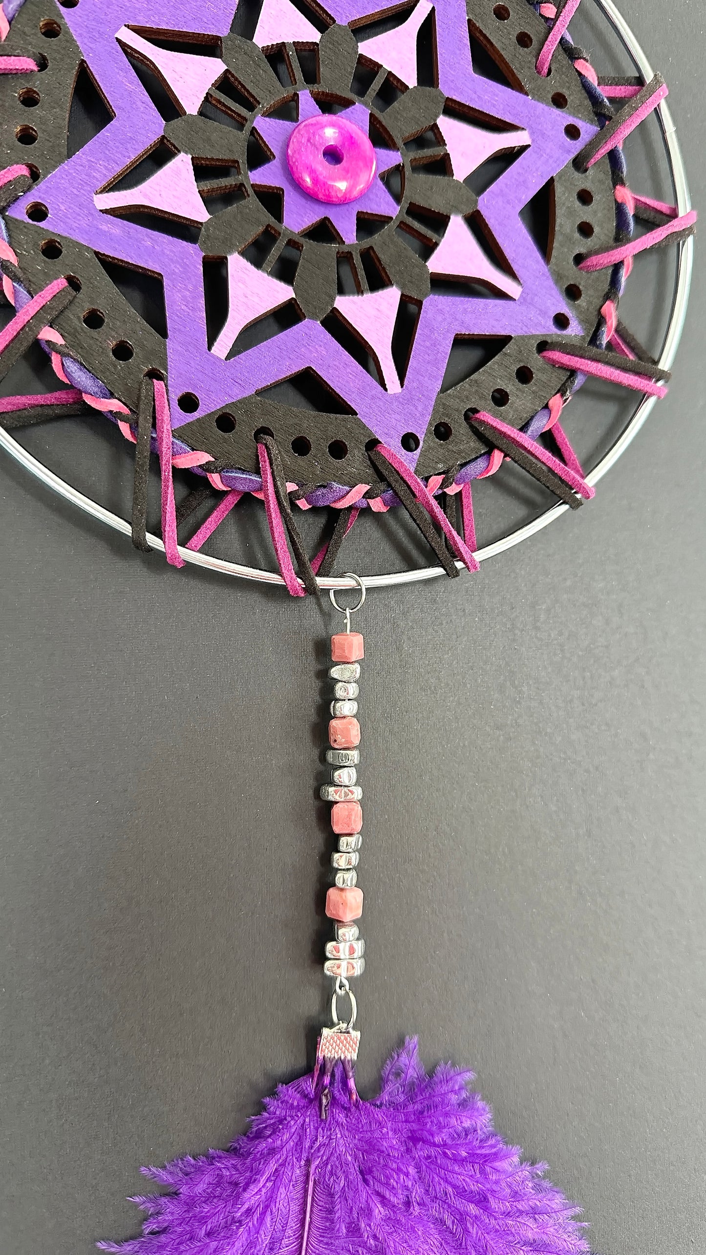 Hand painted Wooden Dreamcatcher w/ Hematite, Rhodonite, Ostrich Feather (XL)