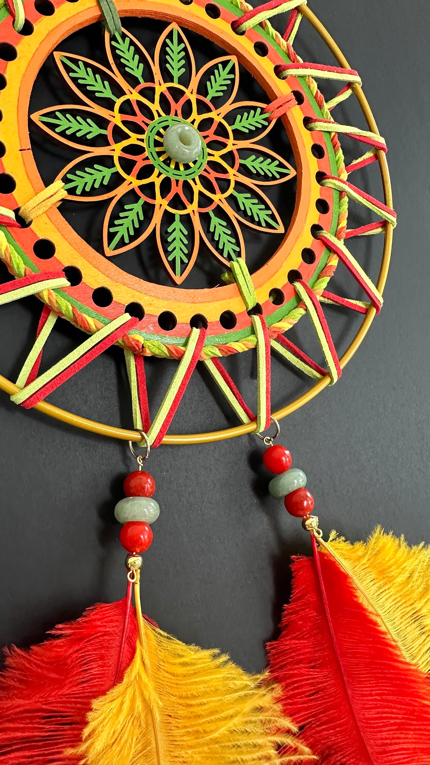 Hand painted Wooden Dreamcatcher w/ Imperial Jasper, Serpentine, Ostrich Feather (XL)