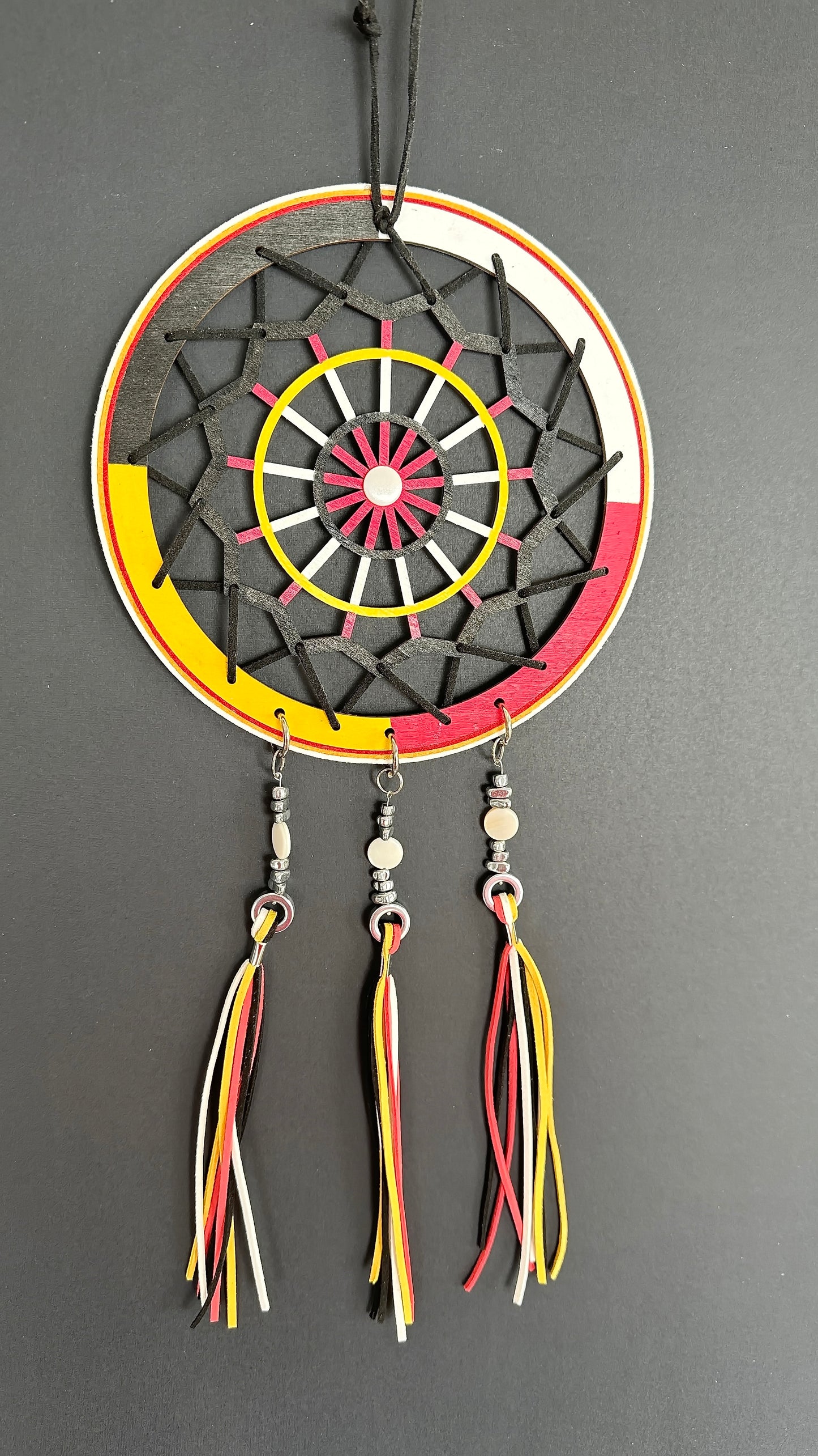 Hand painted Wooden Dreamcatcher w/ Hematite, Shell, 4 Sacred Colours (XL)