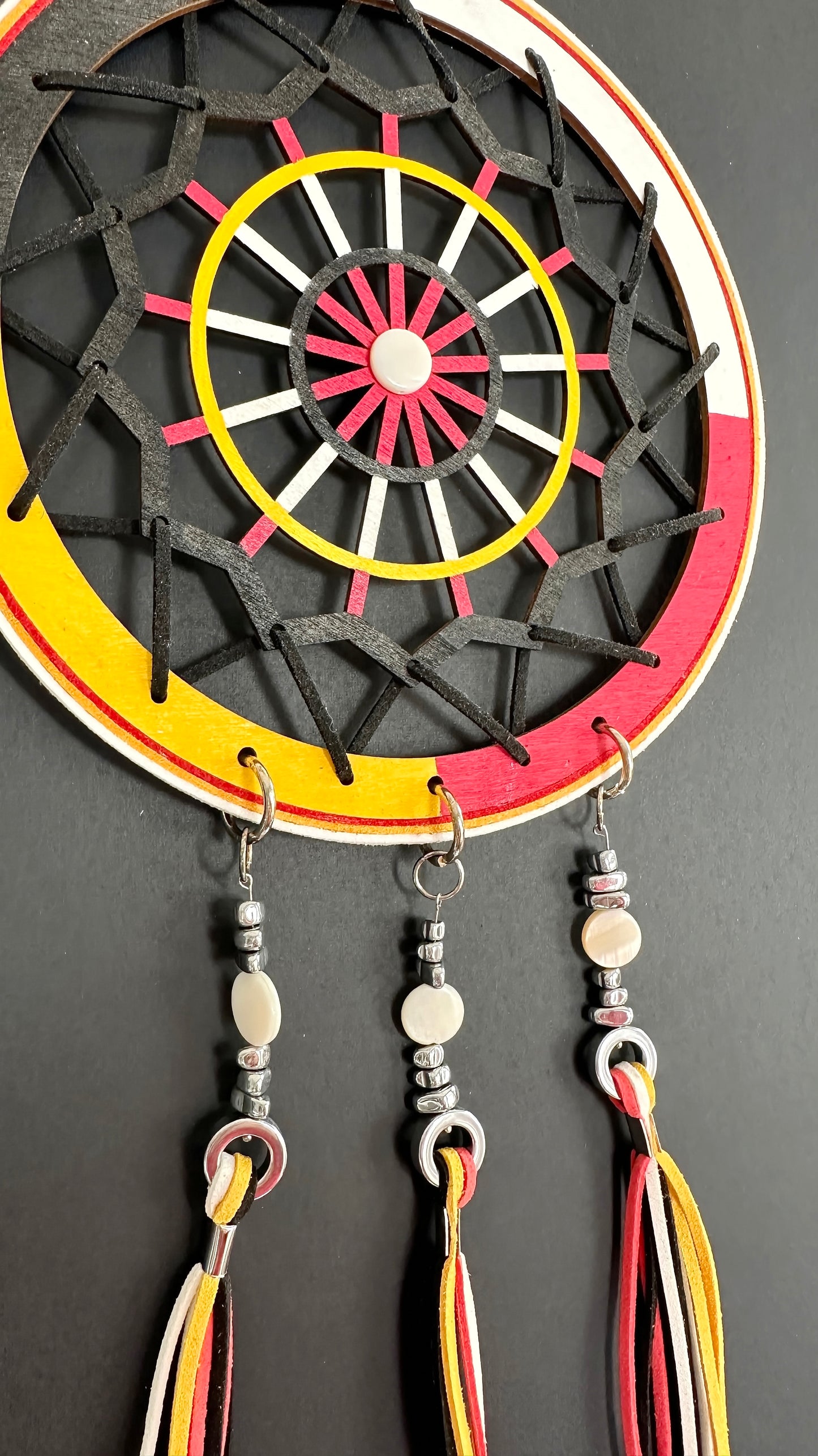 Hand painted Wooden Dreamcatcher w/ Hematite, Shell, 4 Sacred Colours (XL)