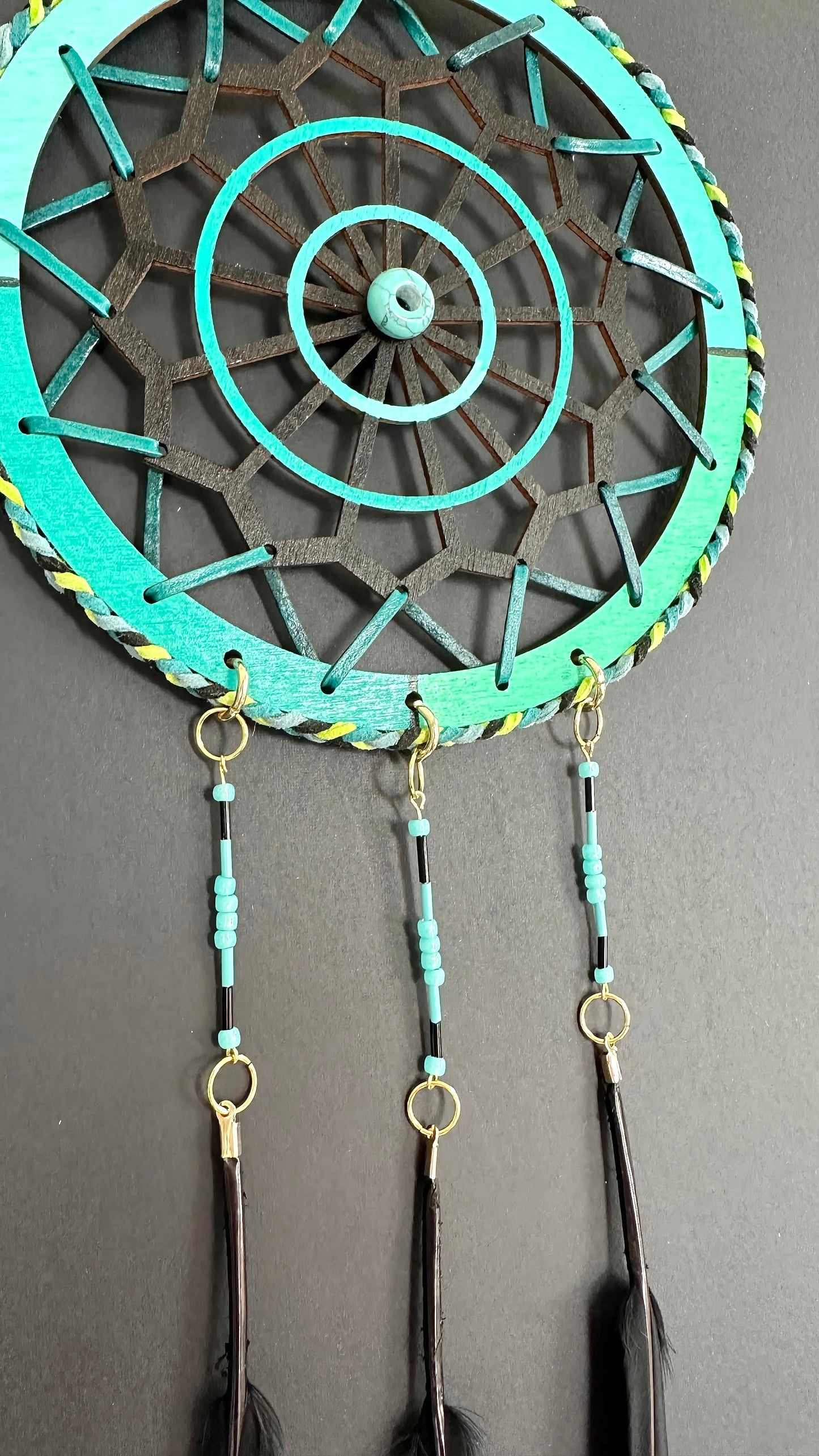 Hand painted Wooden Dreamcatcher w/ Turquoise, Howlite, & Raven Feathers (XL)