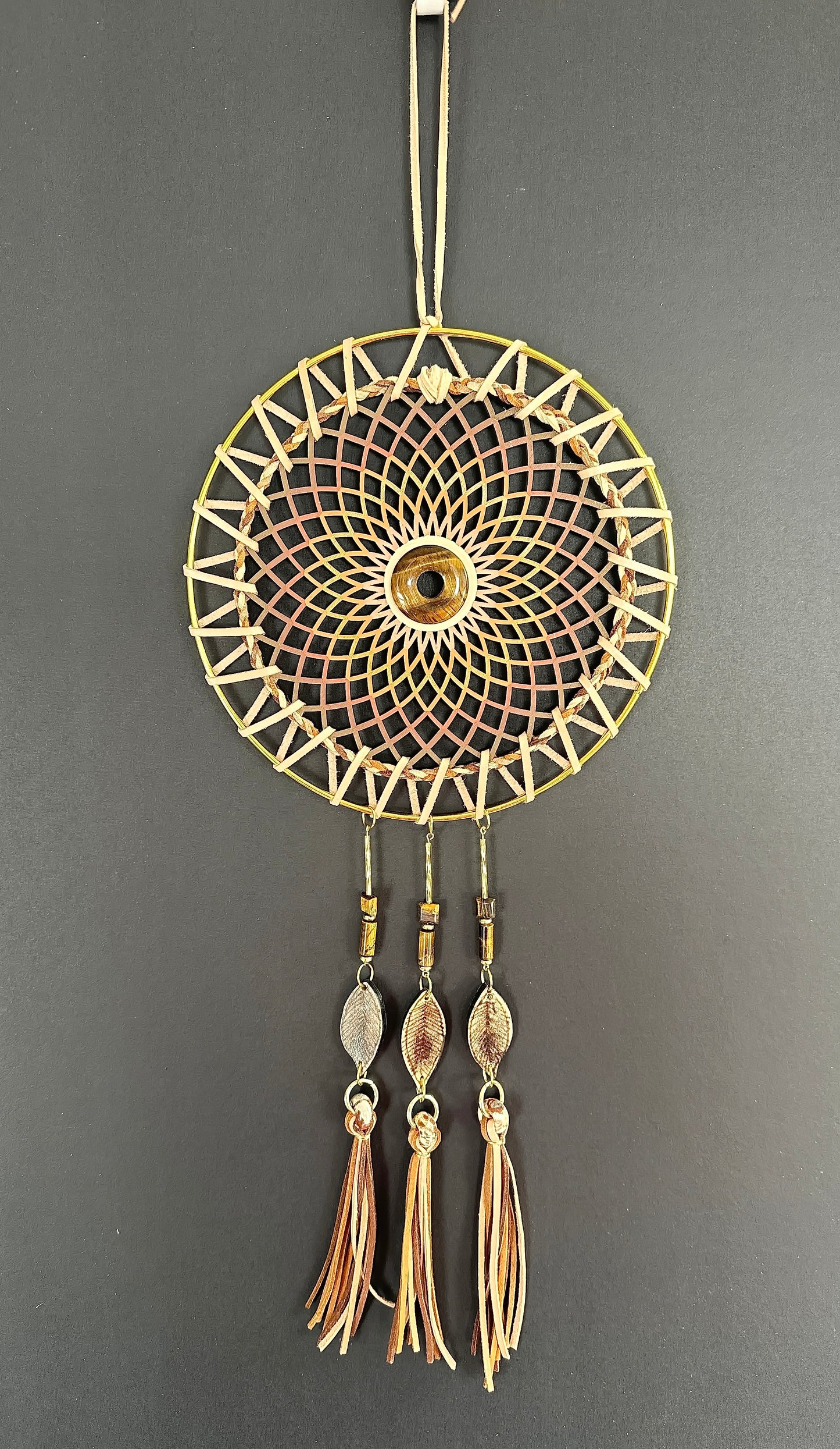 Hand painted Wooden Dreamcatcher w/ Tiger's Eye, Caribou Antler, Jasper (XL)