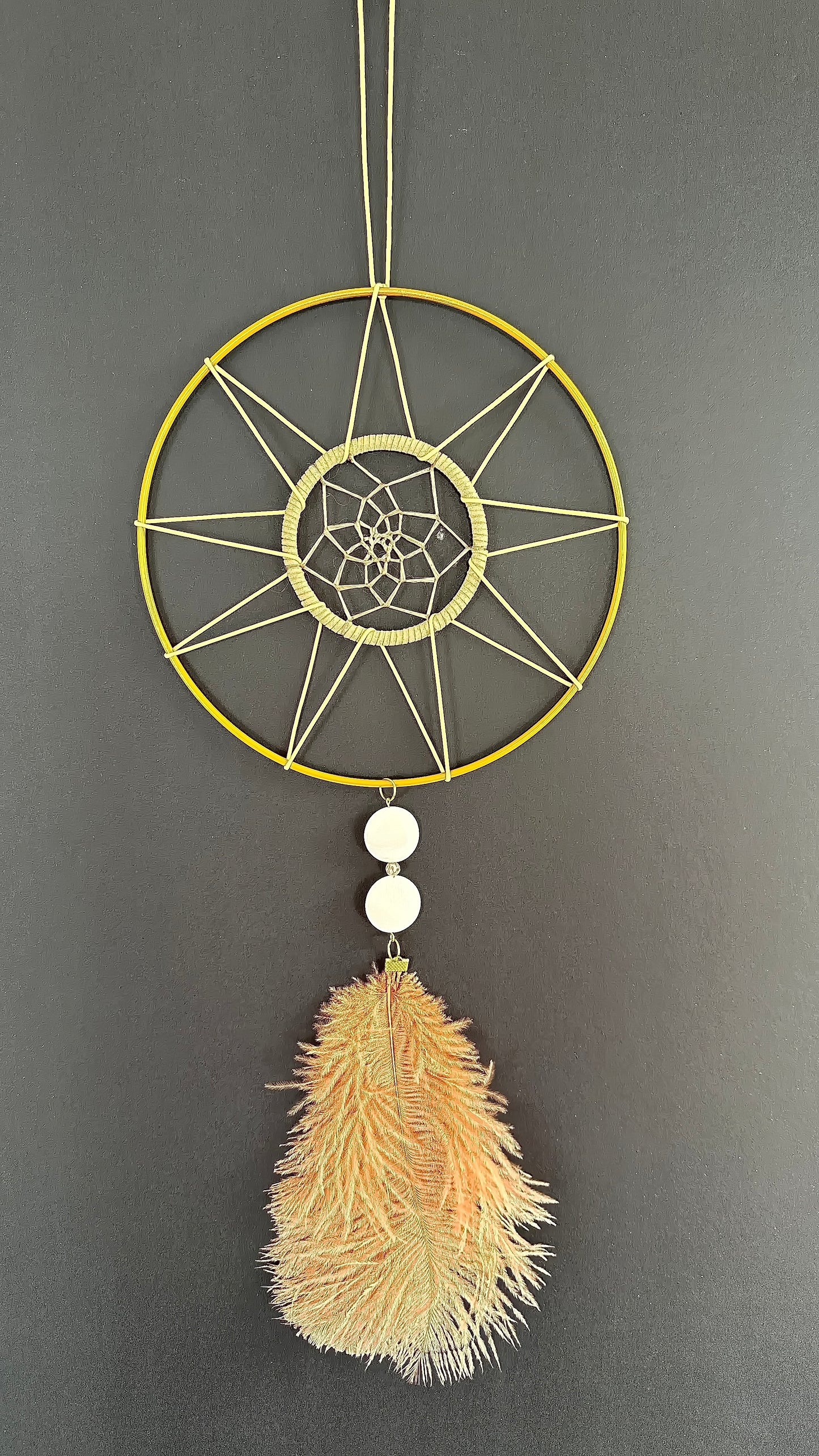 Hand Crafted Dreamcatcher w/Mother-of-Pearl, Maifanite, Ostrich Feather (L)