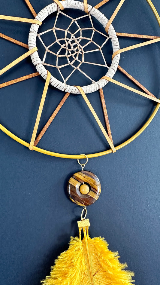 Hand Crafted Dreamcatcher w/Tiger's Eye, Citrine, Ostrich Feather (L)