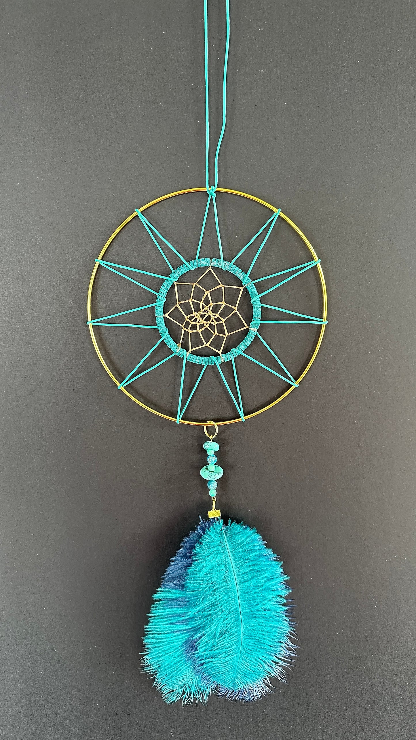 Hand Crafted Dreamcatcher w/Apatite, Howlite, Aqua Quartz, Ostrich Feather (L)