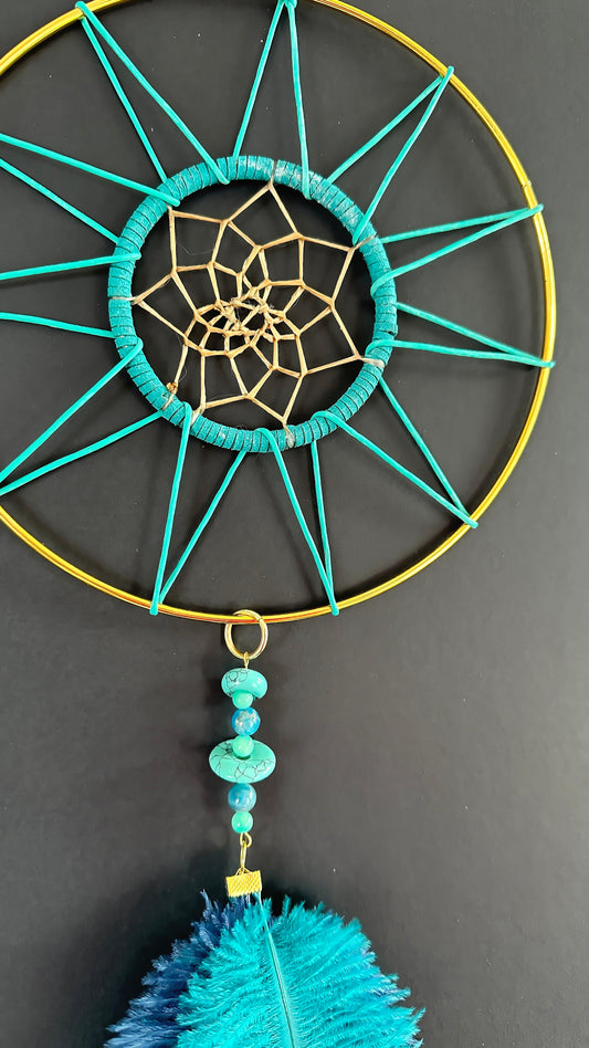 Hand Crafted Dreamcatcher w/Apatite, Howlite, Aqua Quartz, Ostrich Feather (L)