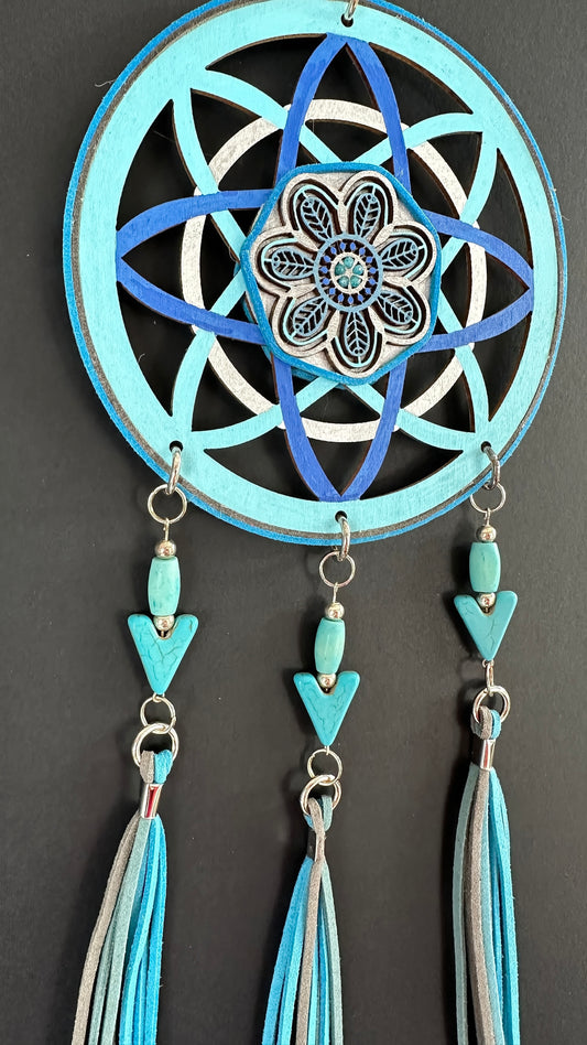 Hand painted Wooden Dreamcatcher w/Apatite, Turquoise, Bone Bead (L)