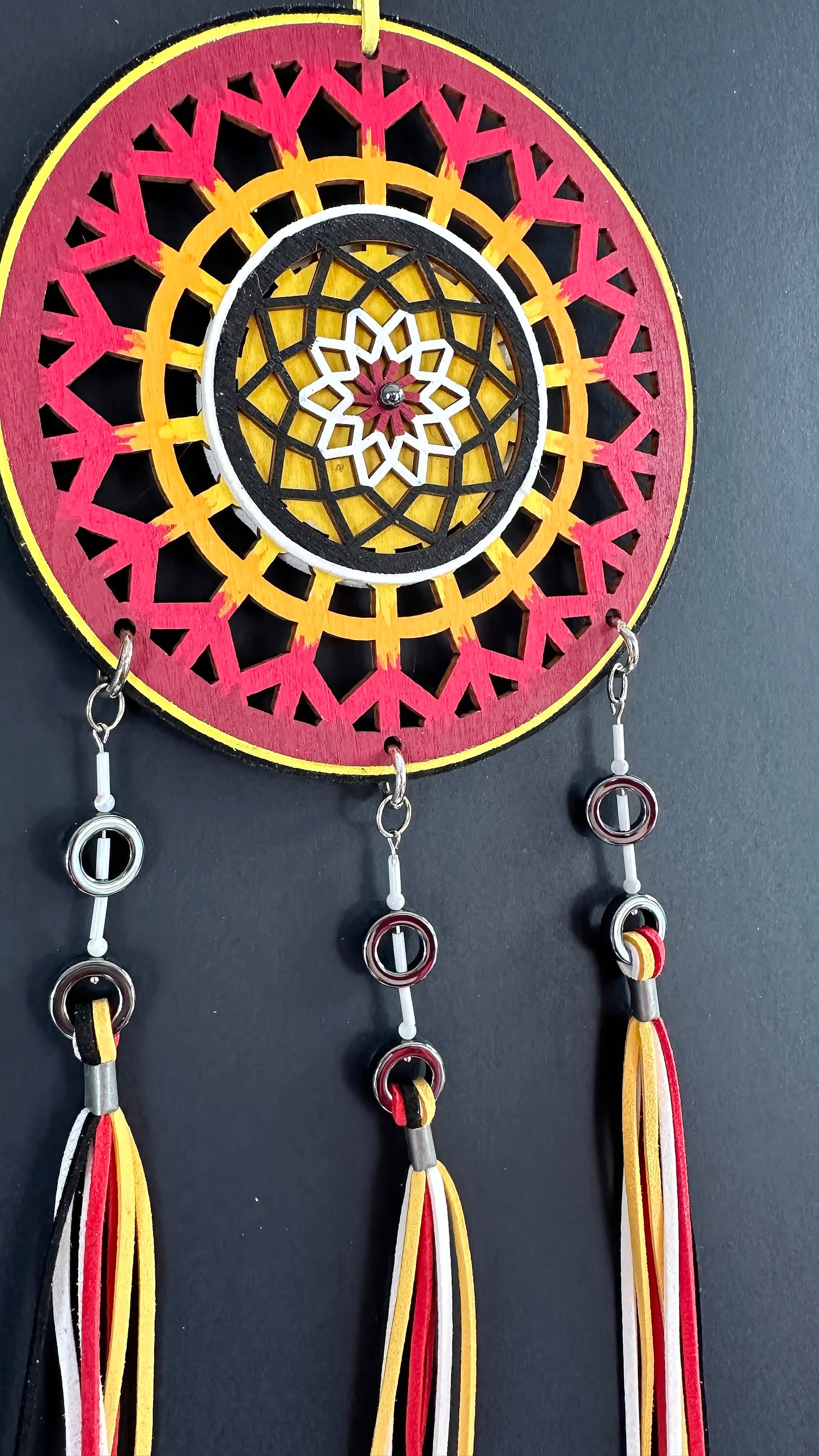 Hand painted Wooden Dreamcatcher w/ Hematite, Mother-of-Pearl, 4 Sacred Colours (L)