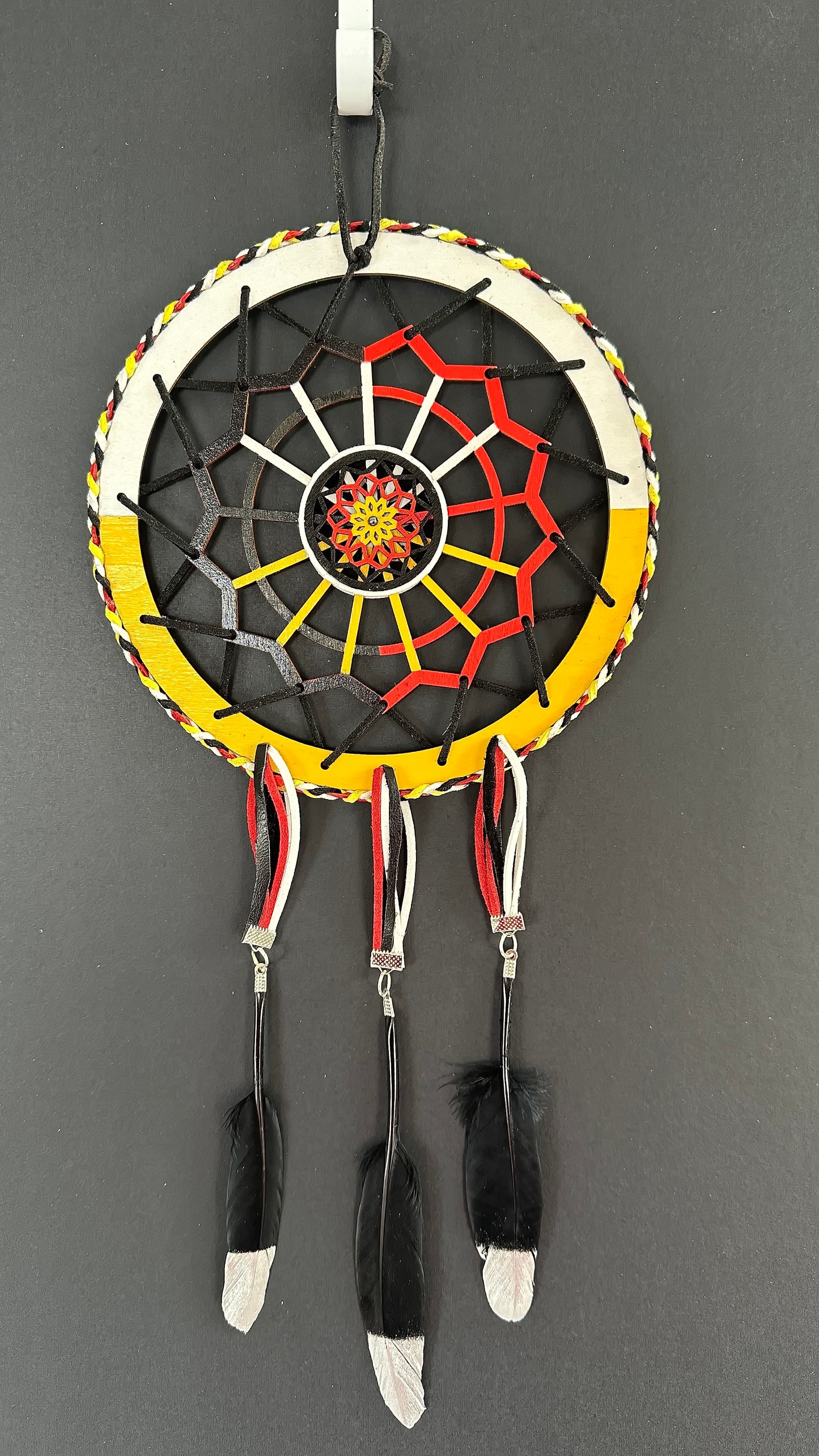 Hand painted Wooden Dreamcatcher w/ Hematite, Raven Feather, 4 Sacred Colours (XL)