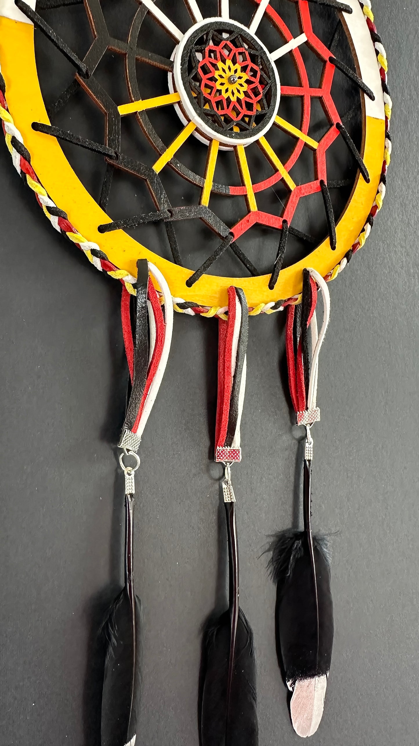 Hand painted Wooden Dreamcatcher w/ Hematite, Raven Feather, 4 Sacred Colours (XL)