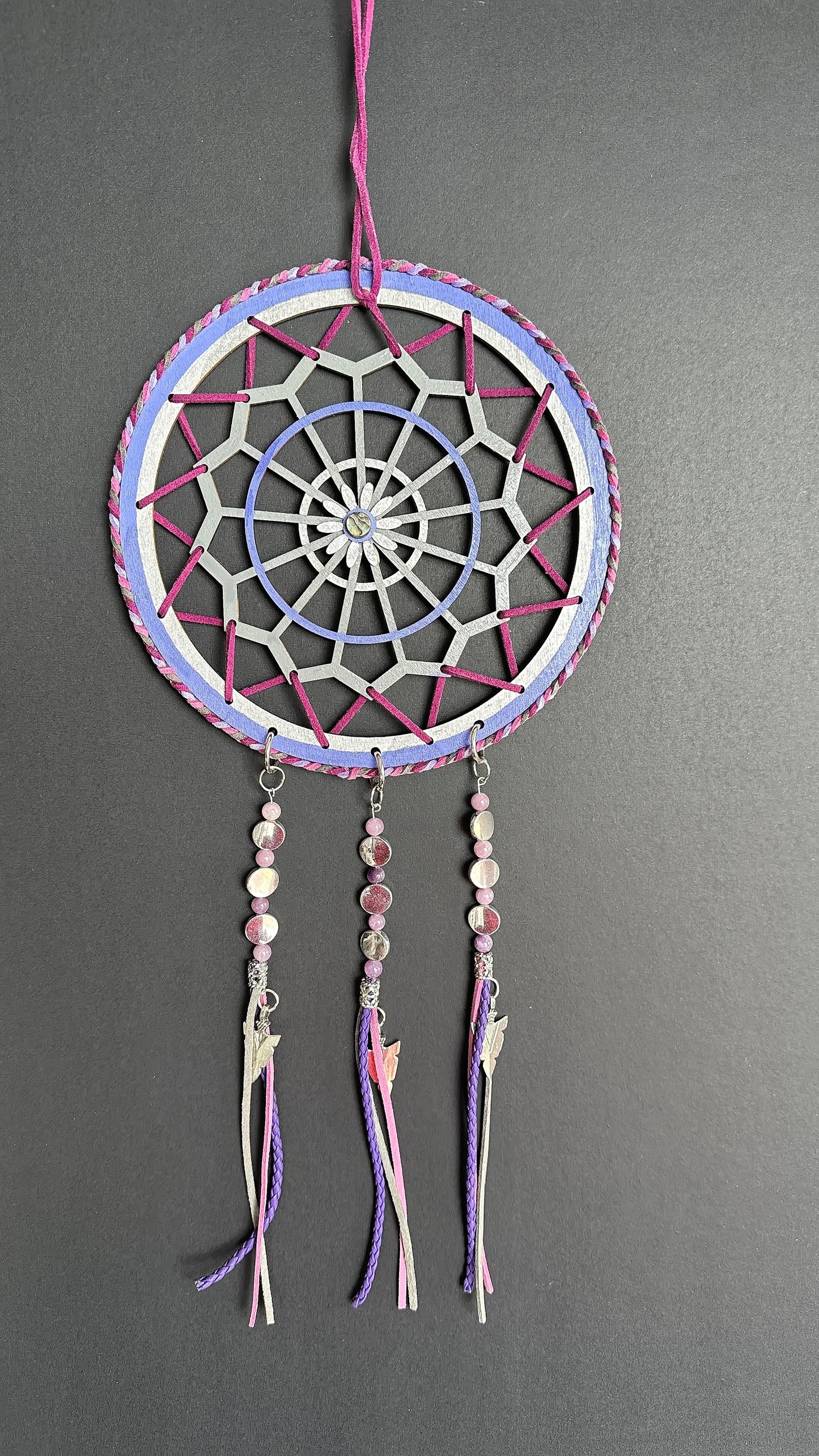 Hand Crafted Dreamcatcher w/ Jingle Cone, Abalone, Lepidolite (L)