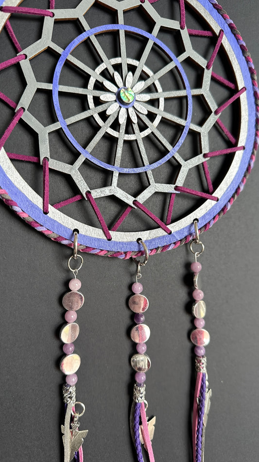 Hand Crafted Dreamcatcher w/ Jingle Cone, Abalone, Lepidolite (L)