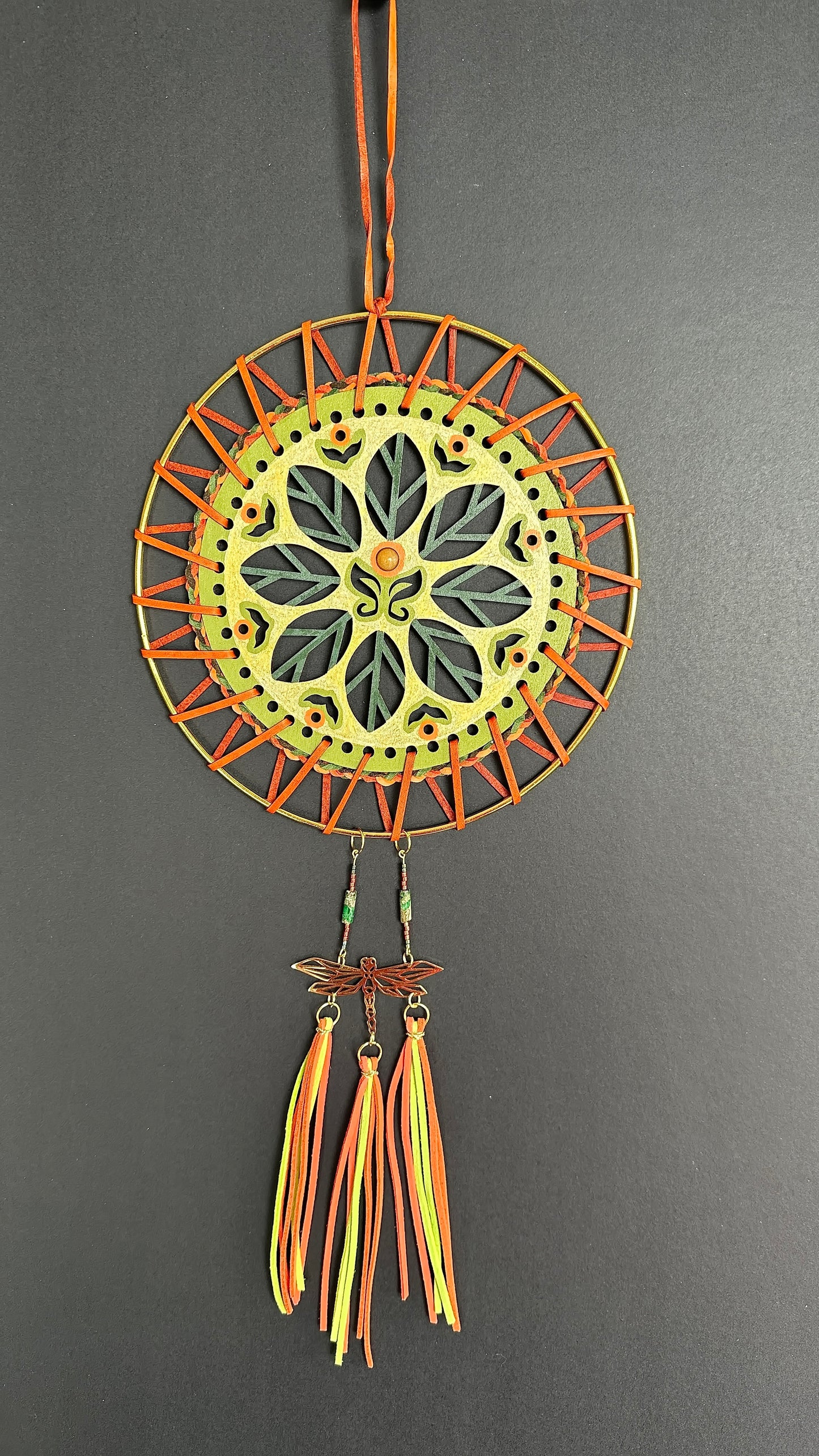 Hand painted Wooden Dreamcatcher w/ Orange Jade, Imperial Jasper - 'Dragonfly' (XL)