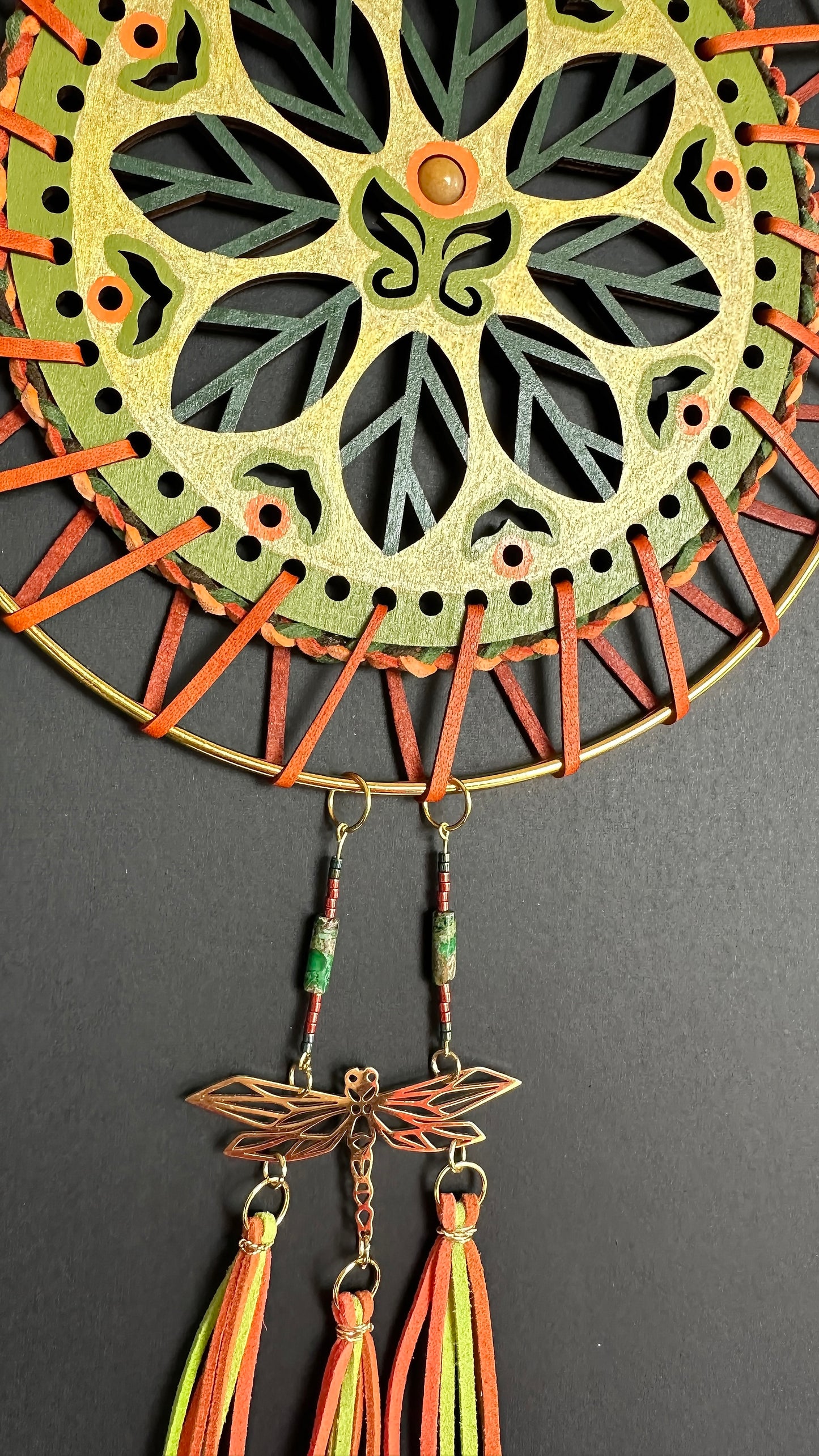 Hand painted Wooden Dreamcatcher w/ Orange Jade, Imperial Jasper - 'Dragonfly' (XL)