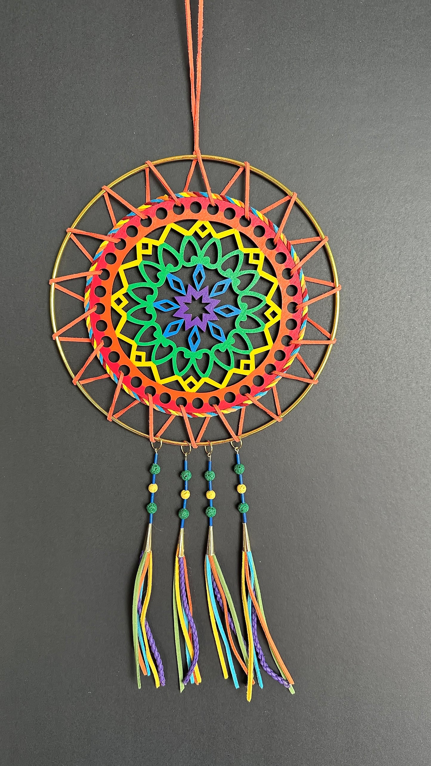 Hand painted Wooden Dreamcatcher w/ Lava Stone & Two-Spirit Colours (XL)