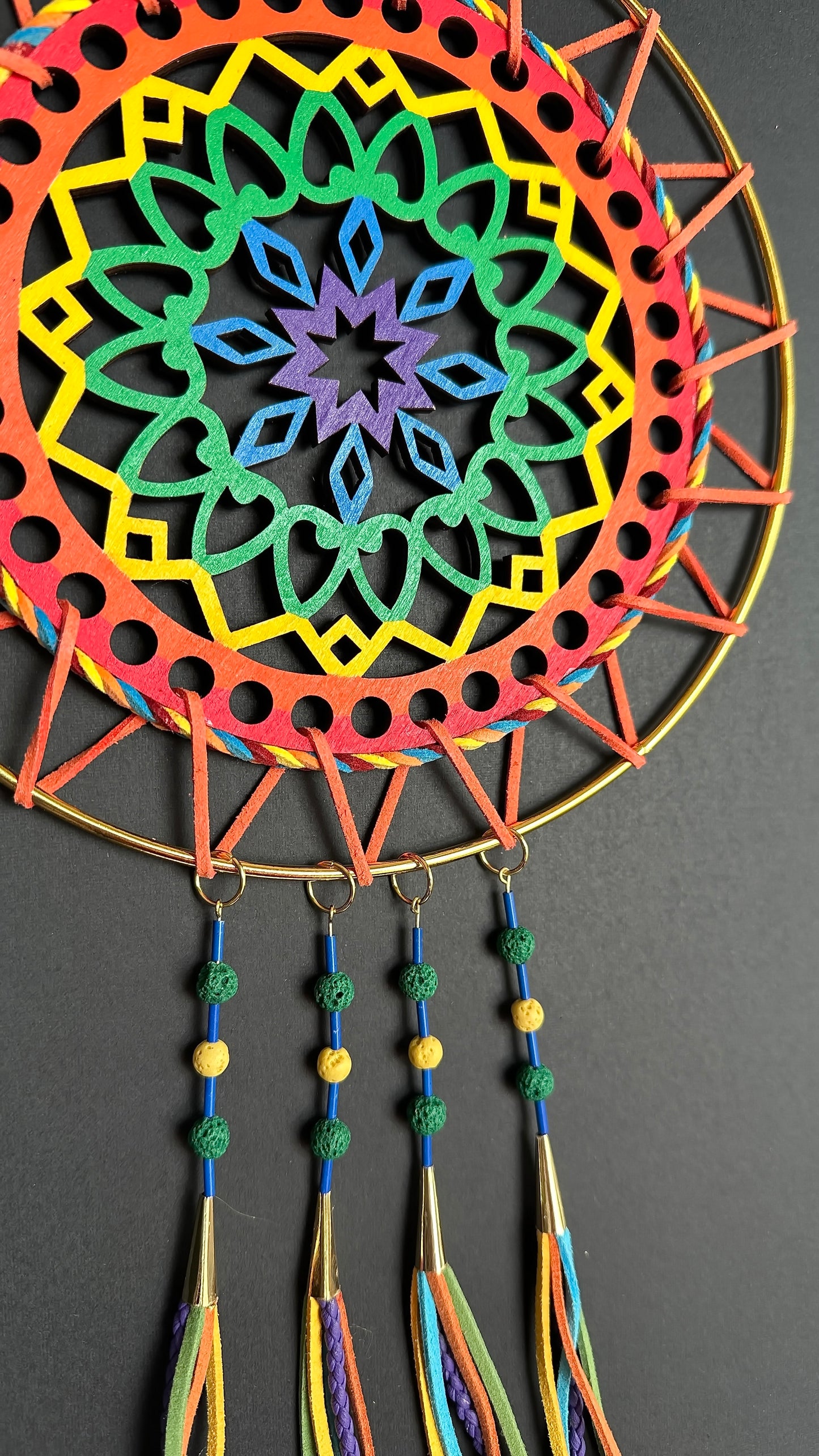 Hand painted Wooden Dreamcatcher w/ Lava Stone & Two-Spirit Colours (XL)