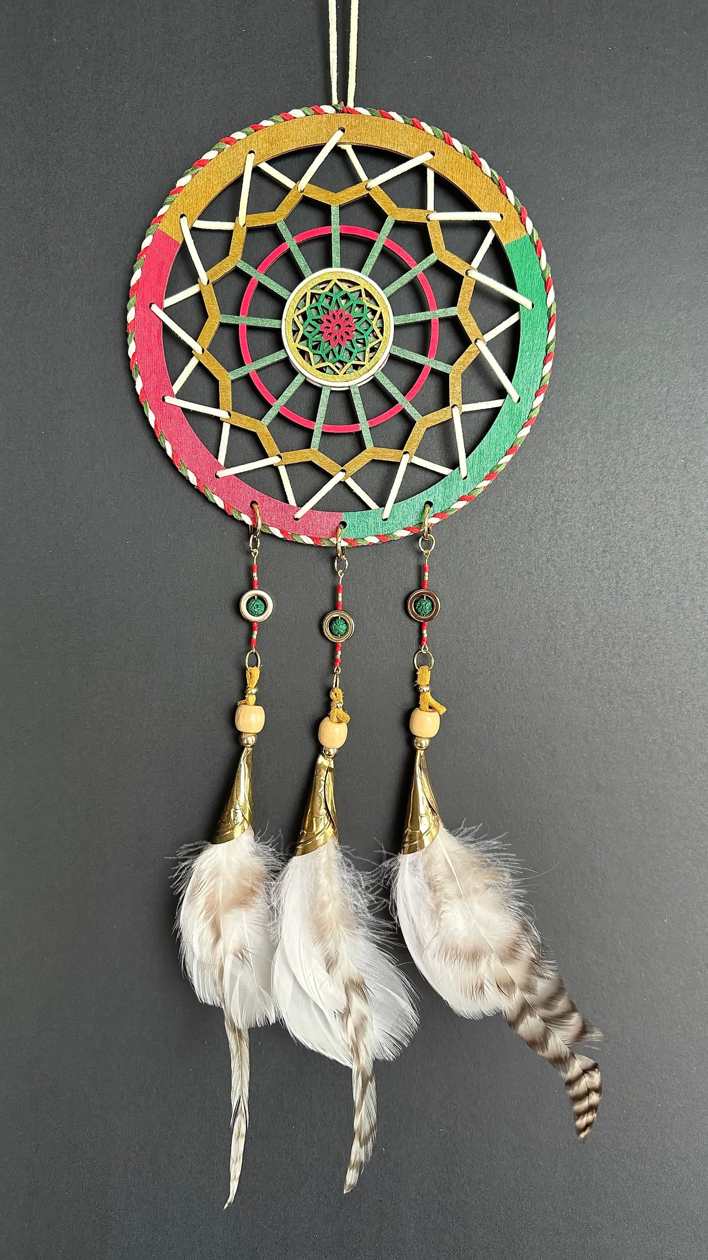 Hand painted Wooden Dreamcatcher w/ Lava Stone, Hematite, Jingle Cone, Goose Feather (XL)