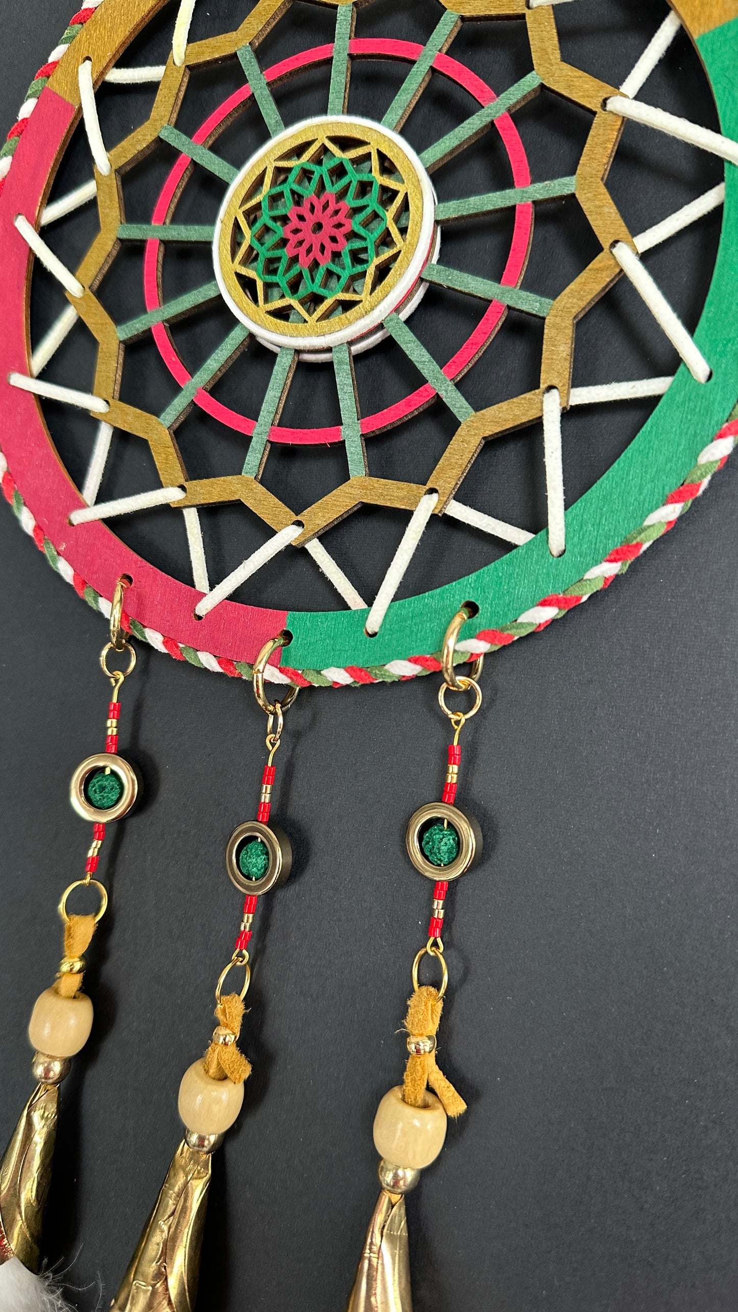 Hand painted Wooden Dreamcatcher w/ Lava Stone, Hematite, Jingle Cone, Goose Feather (XL)