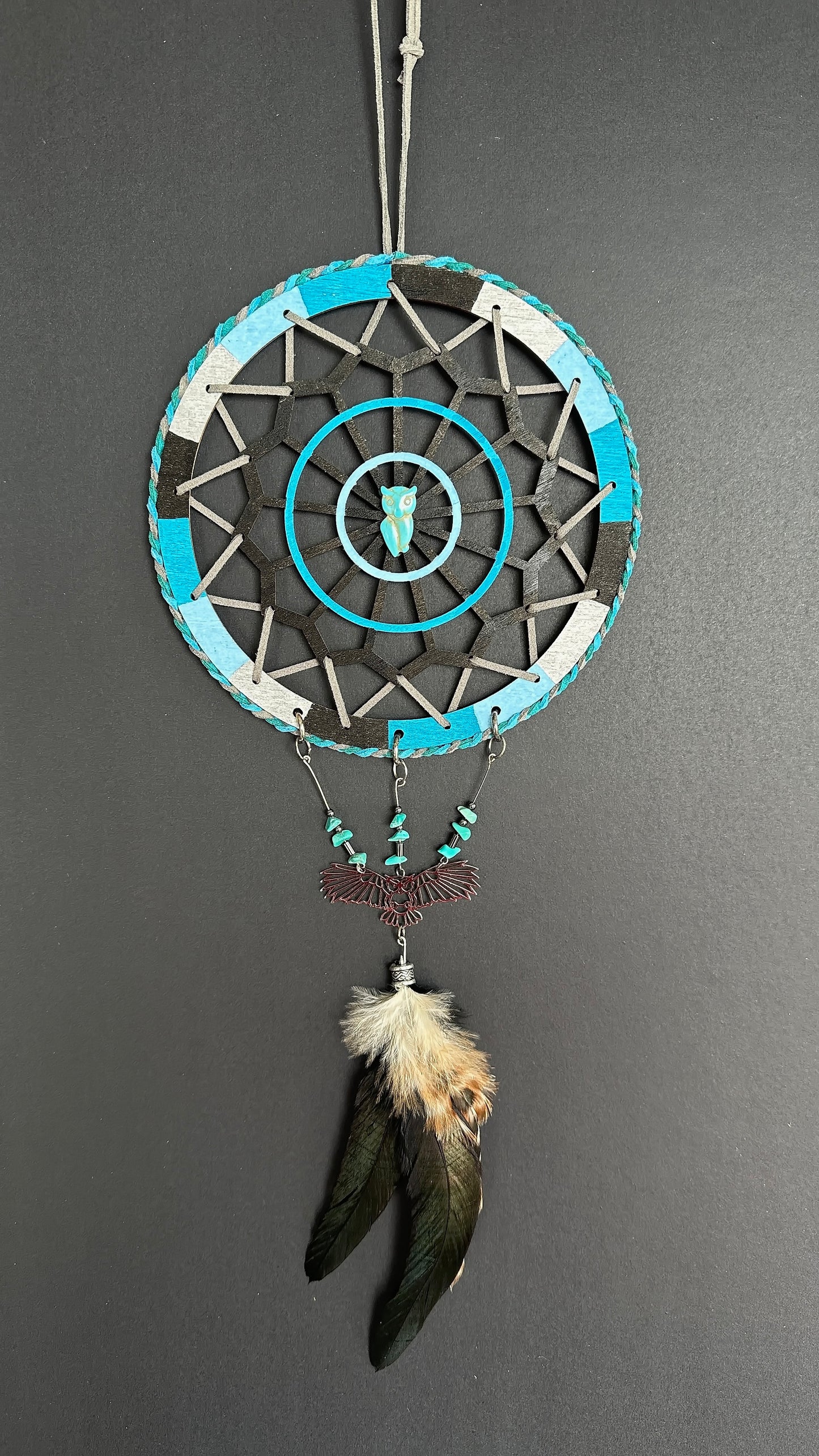 Hand painted Wooden Dreamcatcher w/ Turquoise, Pheasant Feather, Hematite - 'Owl' (XL)