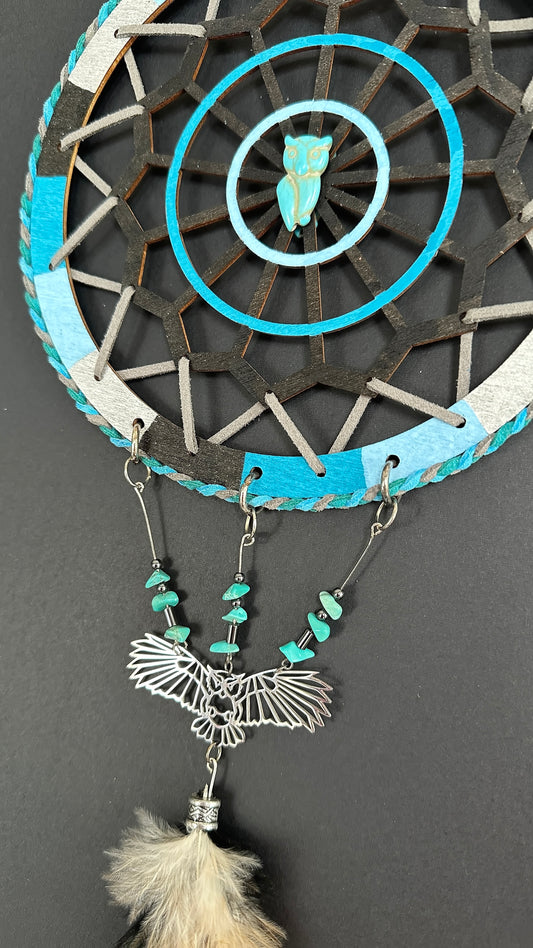 Hand painted Wooden Dreamcatcher w/ Turquoise, Pheasant Feather, Hematite - 'Owl' (XL)