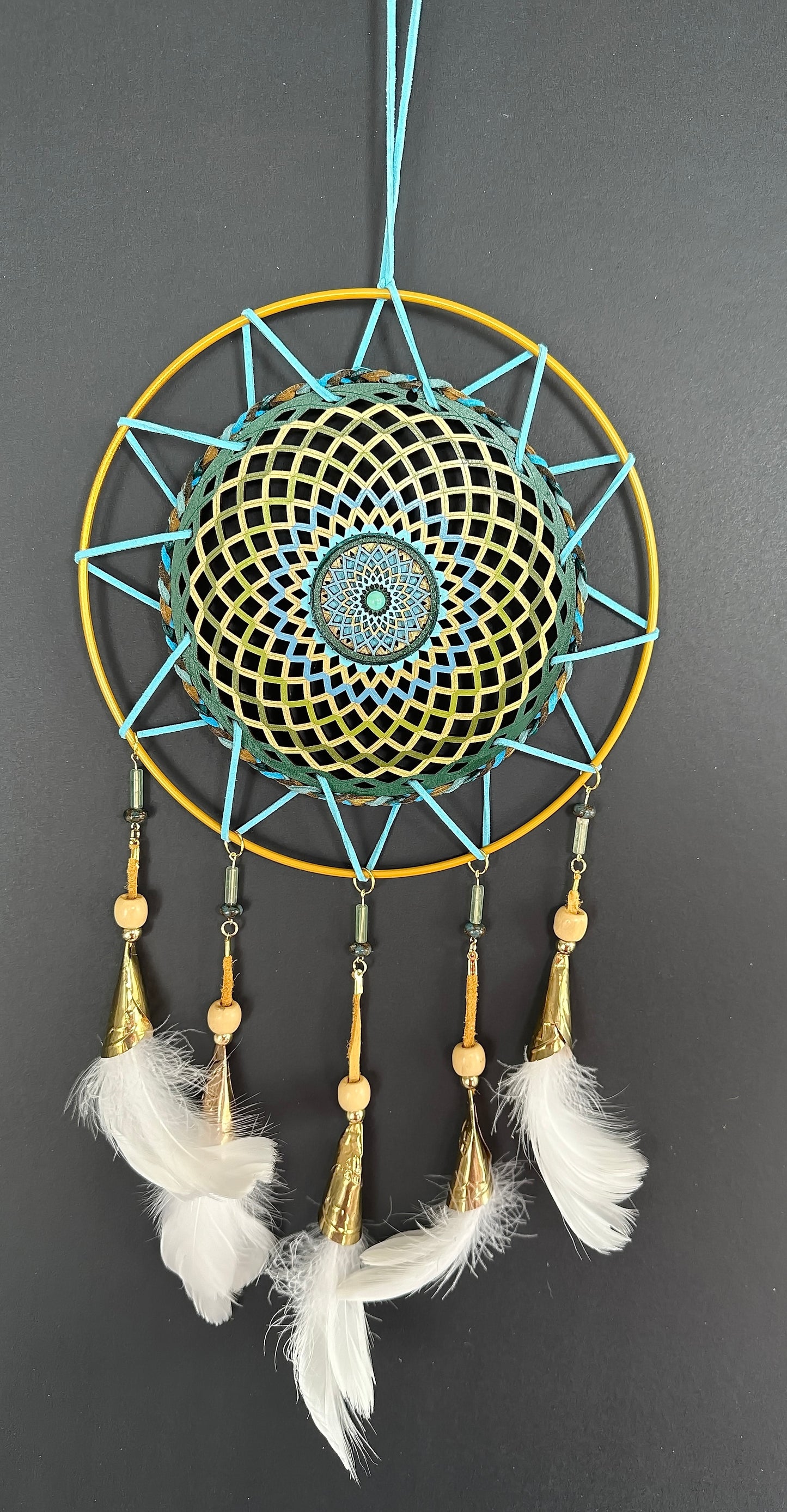 Hand painted Wooden Dreamcatcher w/ Fluorite, Imperial Jasper, Blue Aqua Quartz, Jingle Cones, Goose Feather (XL)