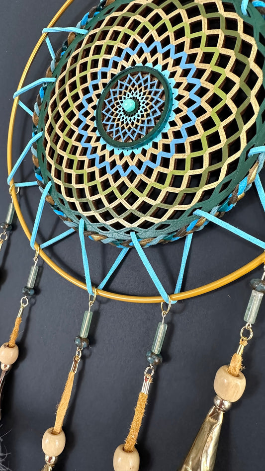 Hand painted Wooden Dreamcatcher w/ Fluorite, Imperial Jasper, Blue Aqua Quartz, Jingle Cones, Goose Feather (XL)