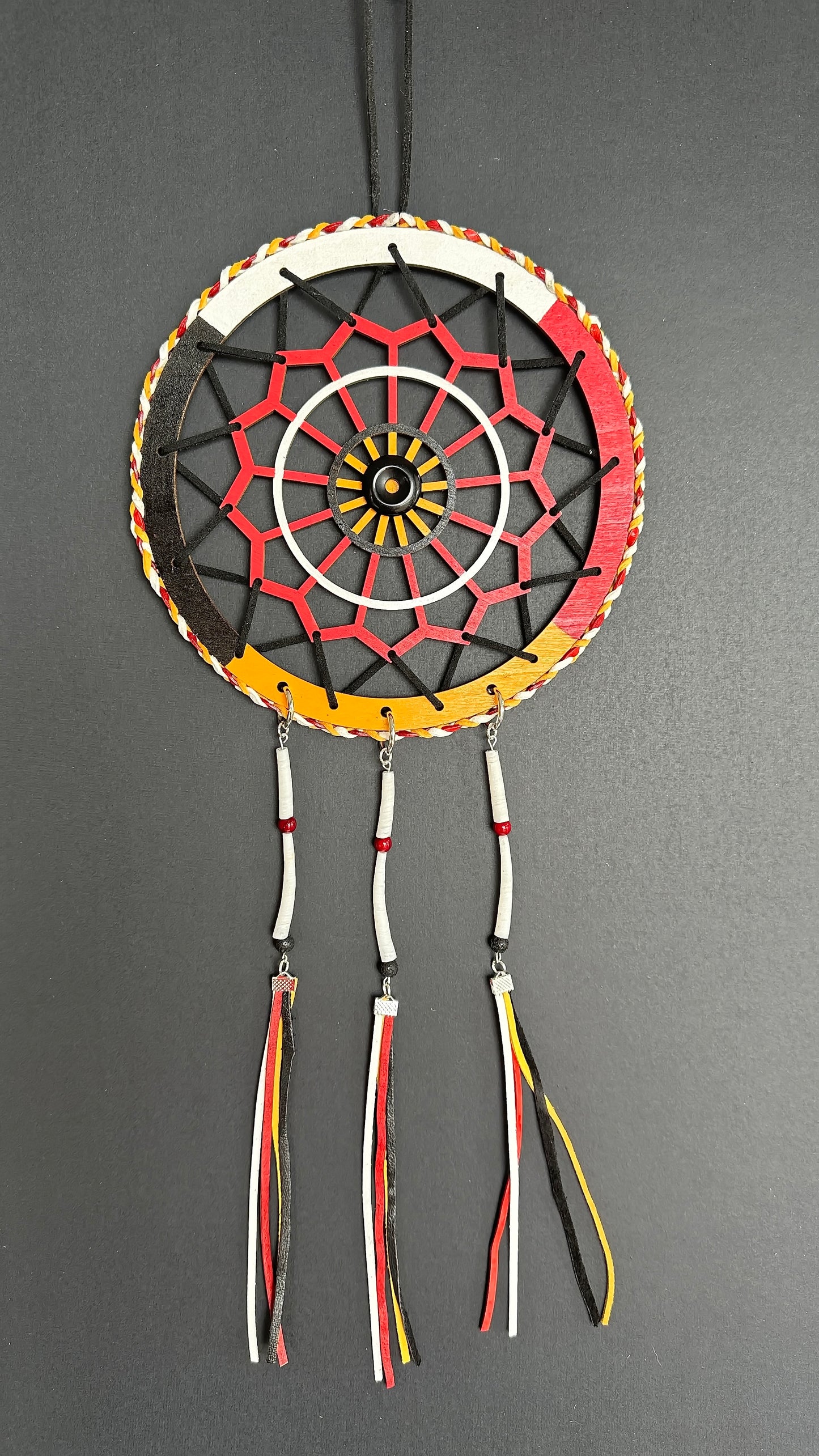 Hand painted Wooden Dreamcatcher w/ Dentalium Shell, Agate, Lava Stone, Obsidian, 4 Sacred Colours (XL)