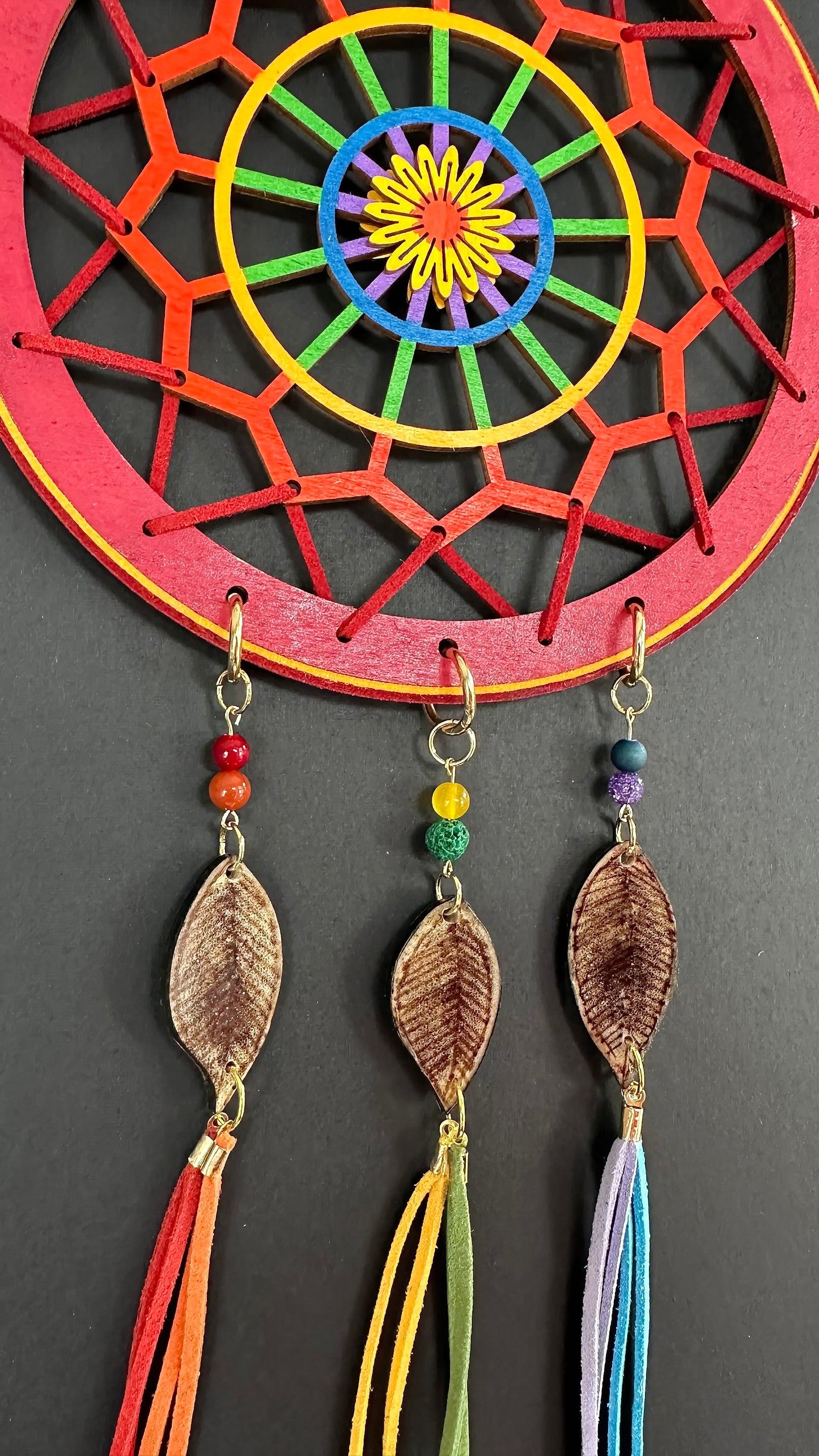 Hand painted Wooden Dreamcatcher w/ Caribou Antler, Mookaite, Lavastone, & Two-Spirit Colours (XL)