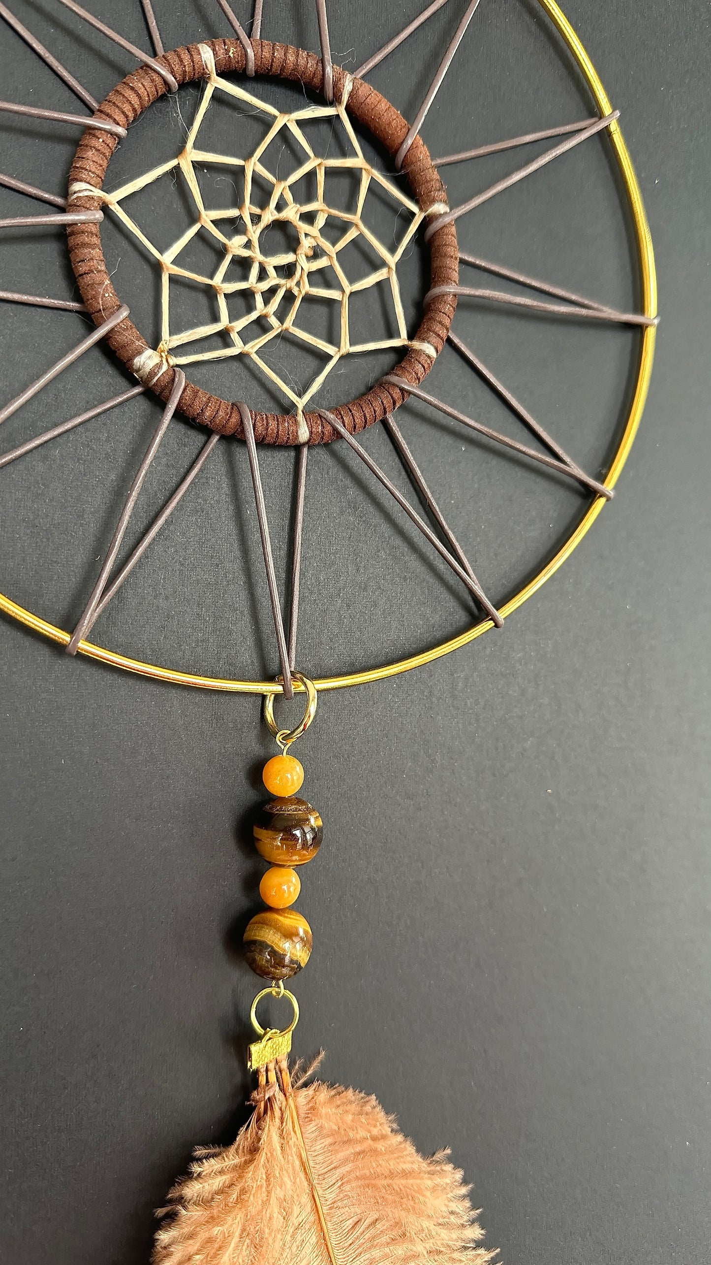 Hand Crafted Dreamcatcher w/ Tiger's Eye, Citrine, Ostrich Feather (L)