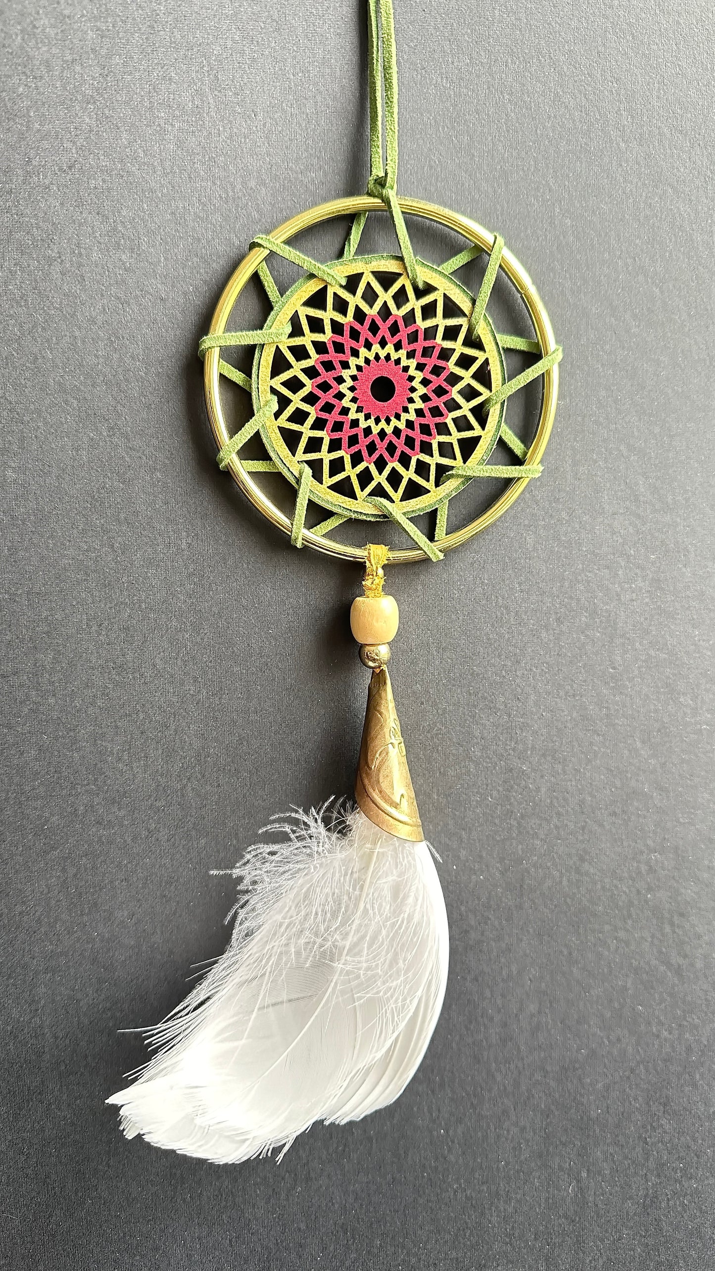 Hand painted Wooden Dreamcatcher w/ Jingle Cone, Goose Feather (M)