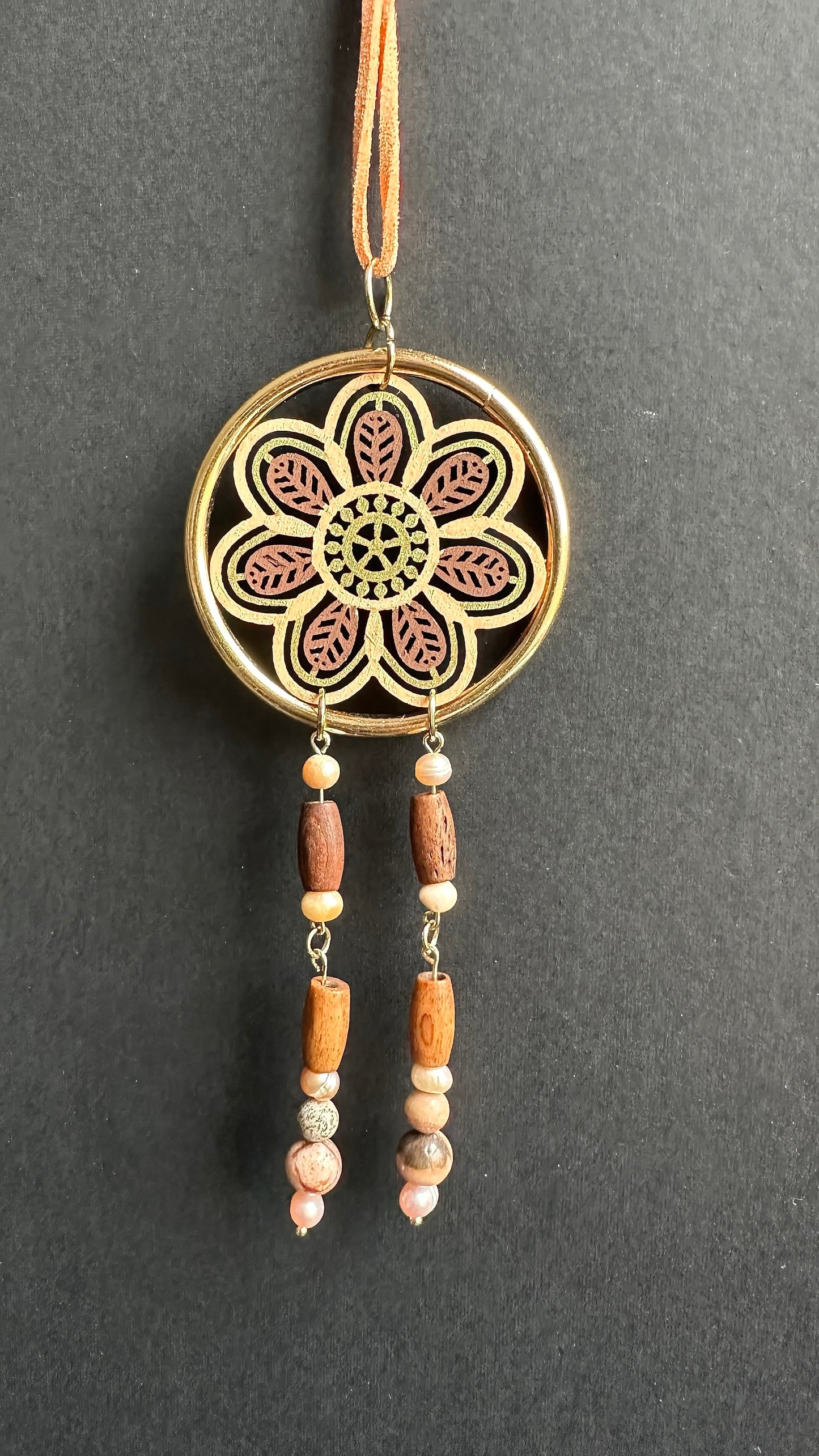 Hand painted Wooden Dreamcatcher w/ Artistic Jasper, Bone Bead, Freshwater Pearl (S)