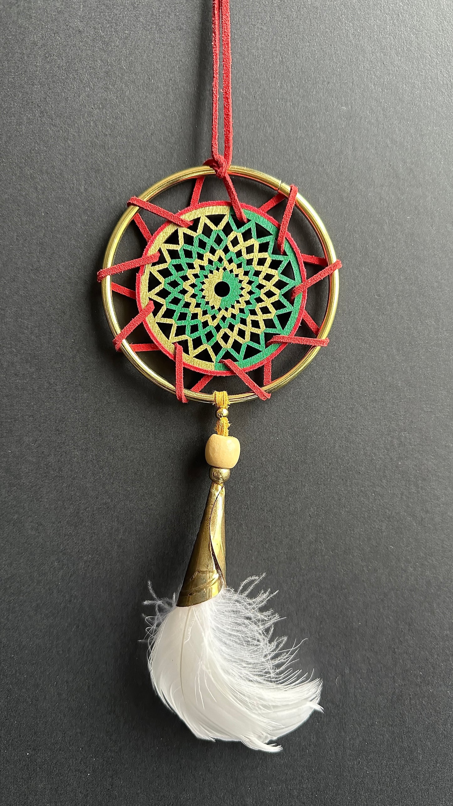 Hand painted Wooden Dreamcatcher w/ Jingle Cone, Goose Feather (M)