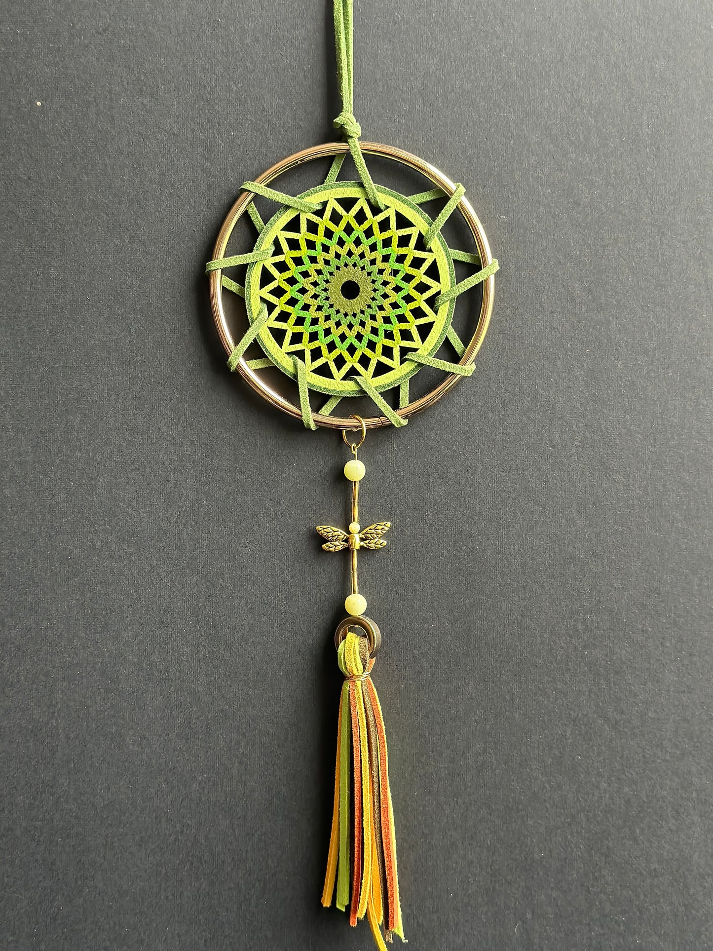 Hand painted Wooden Dreamcatcher w/ Jade, Hematite - 'Dragonfly' (M)