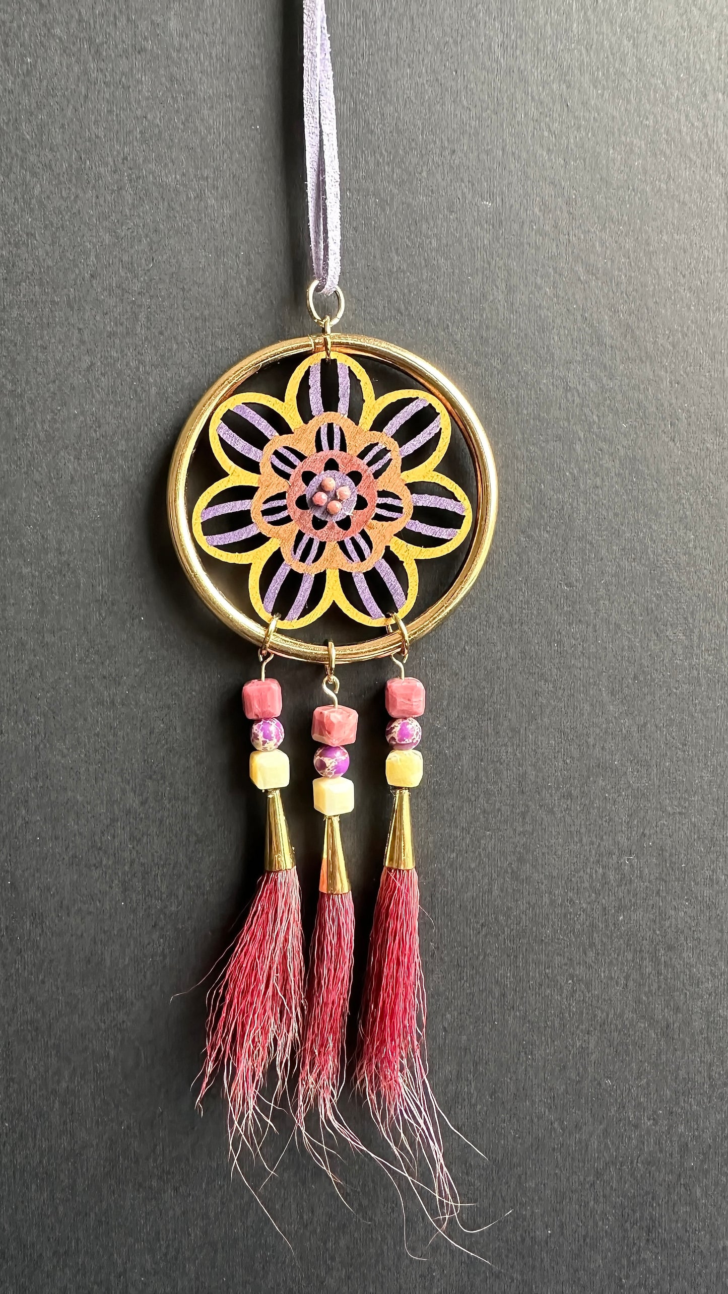 Hand painted Wooden Dreamcatcher w/ Honey Opal, Imperial Jasper, Caribou Hair, Rhodonite (M)