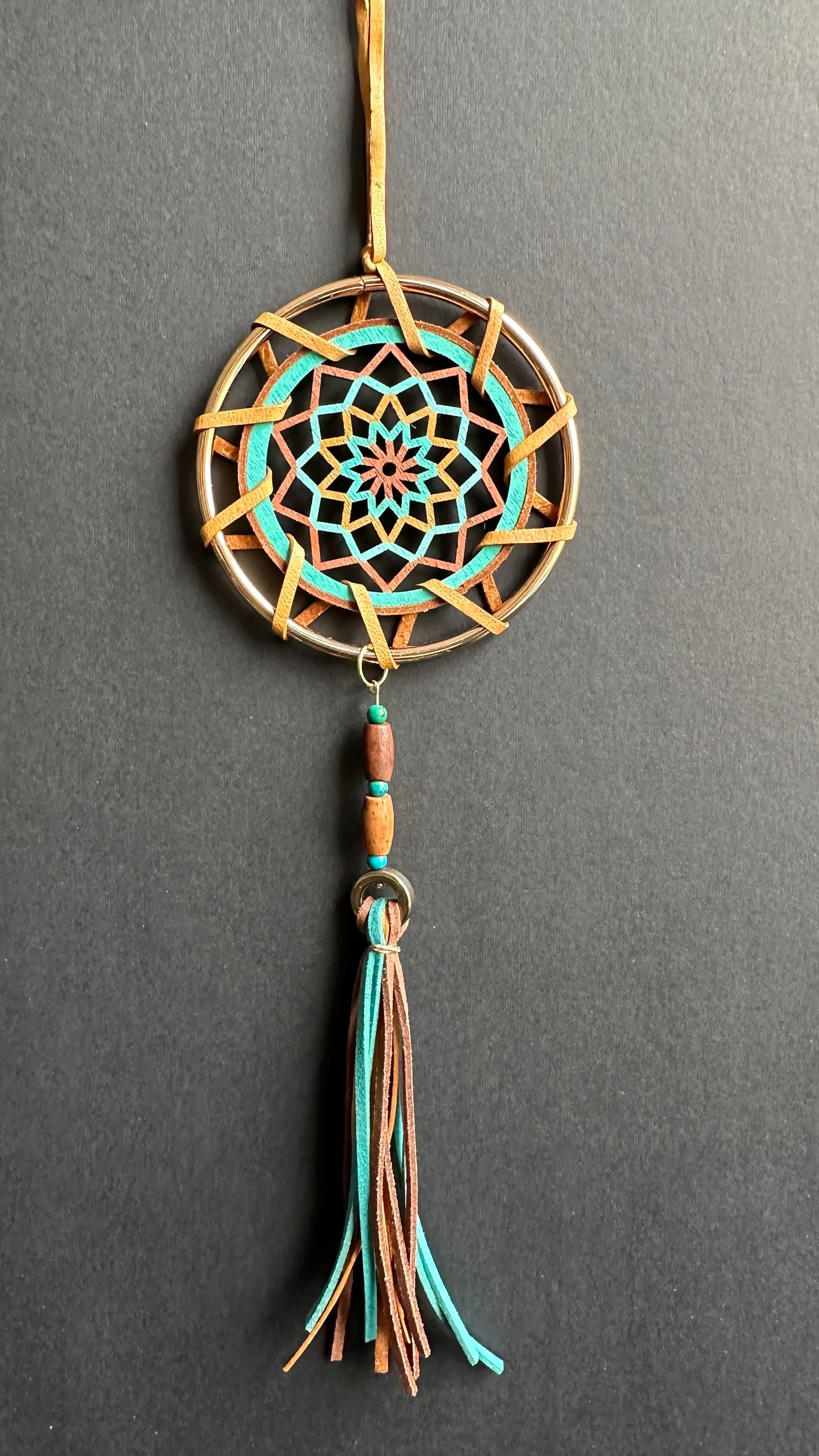 Hand painted Wooden Dreamcatcher w/ Chrysocolla, Bone Bead, Hematite (M)