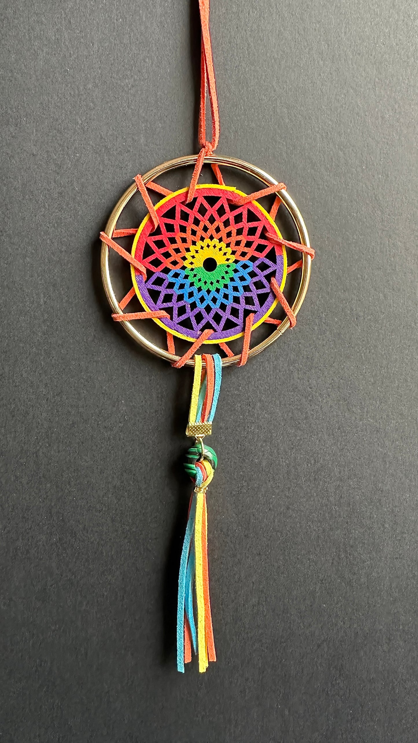 Hand painted Wooden Dreamcatcher w/ Malachite, Two-Spirit Colours (M)