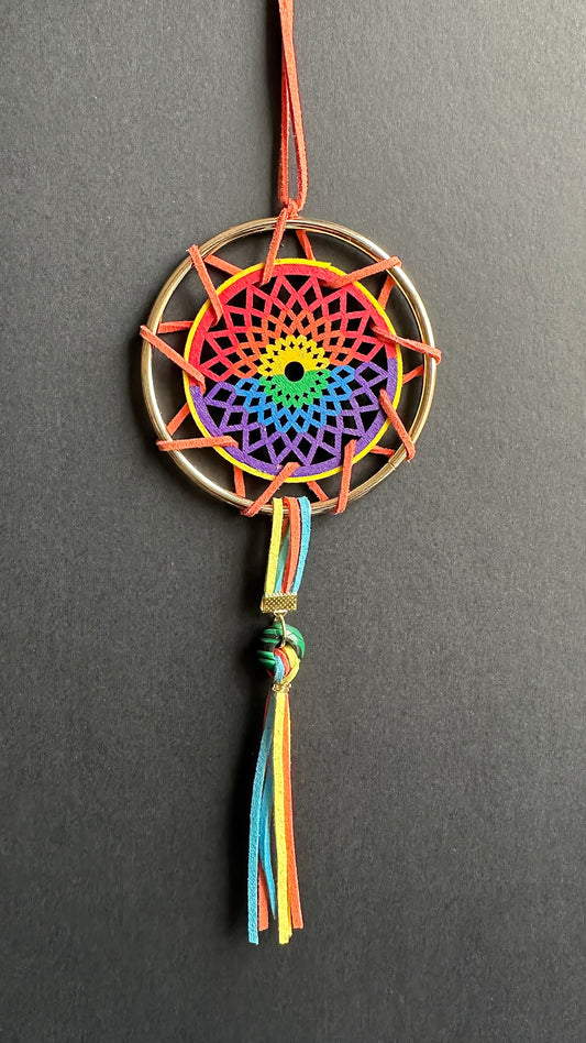 Hand painted Wooden Dreamcatcher w/ Malachite, Two-Spirit Colours (M)