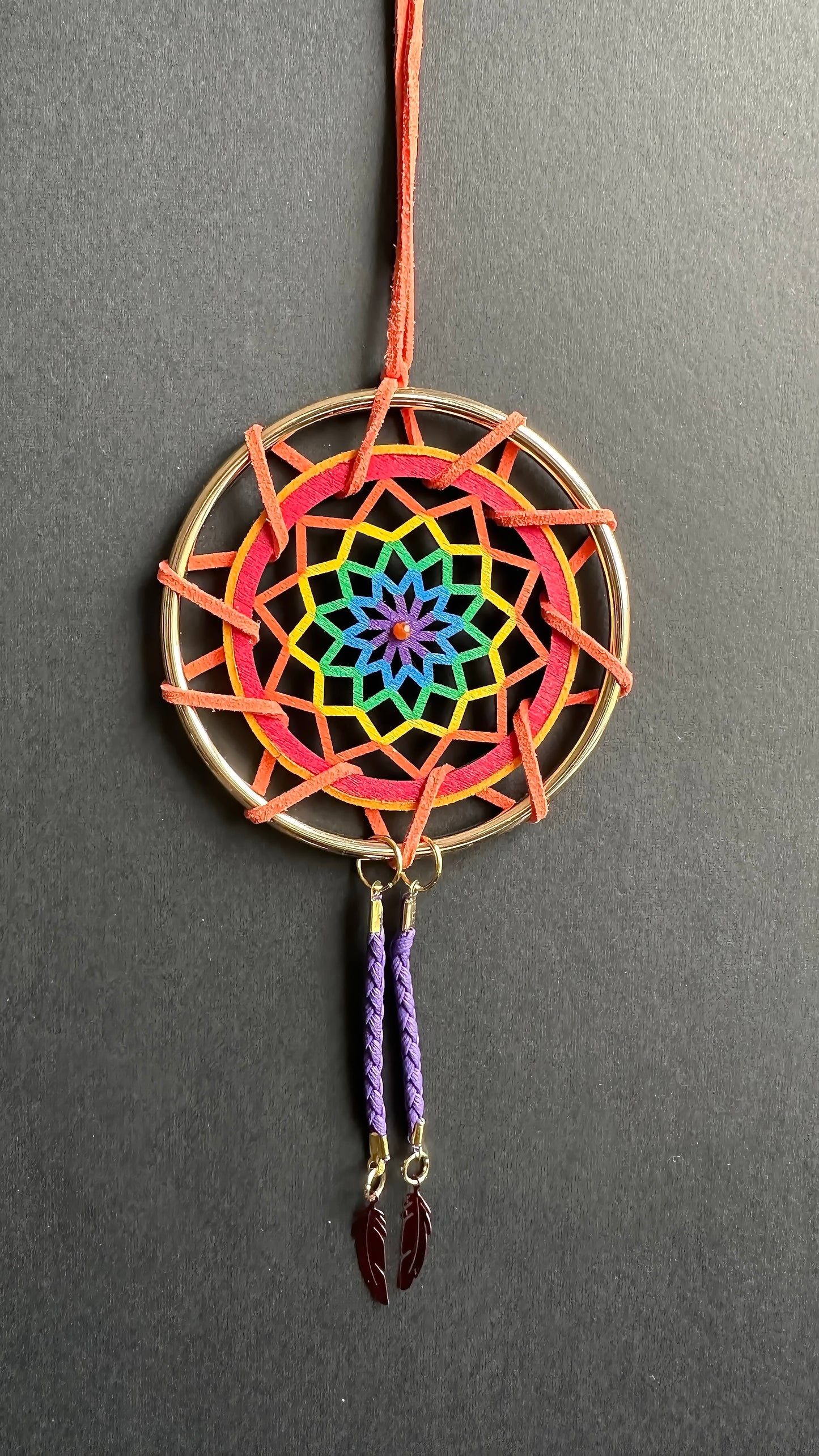 Hand painted Wooden Dreamcatcher w/ Carnelian & Two-Spirit Colours (M)