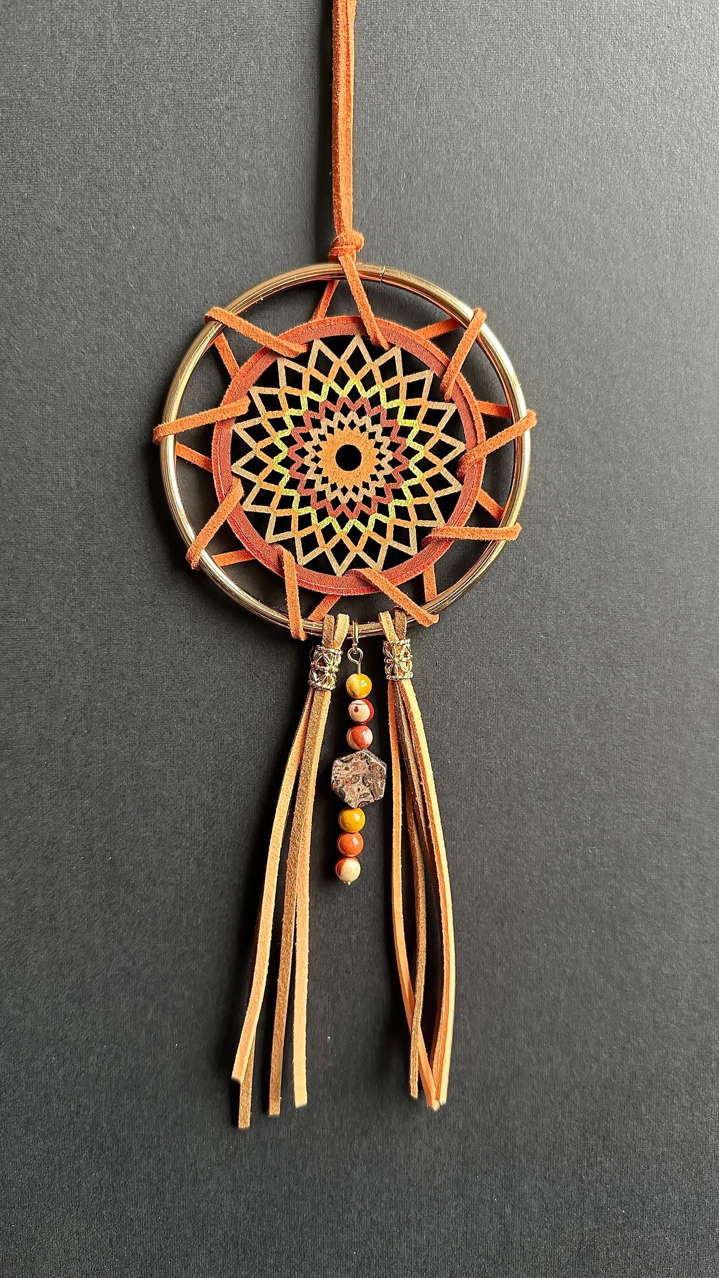 Hand painted Wooden Dreamcatcher w/ Mookaite, Leopard Skin Jasper (M)