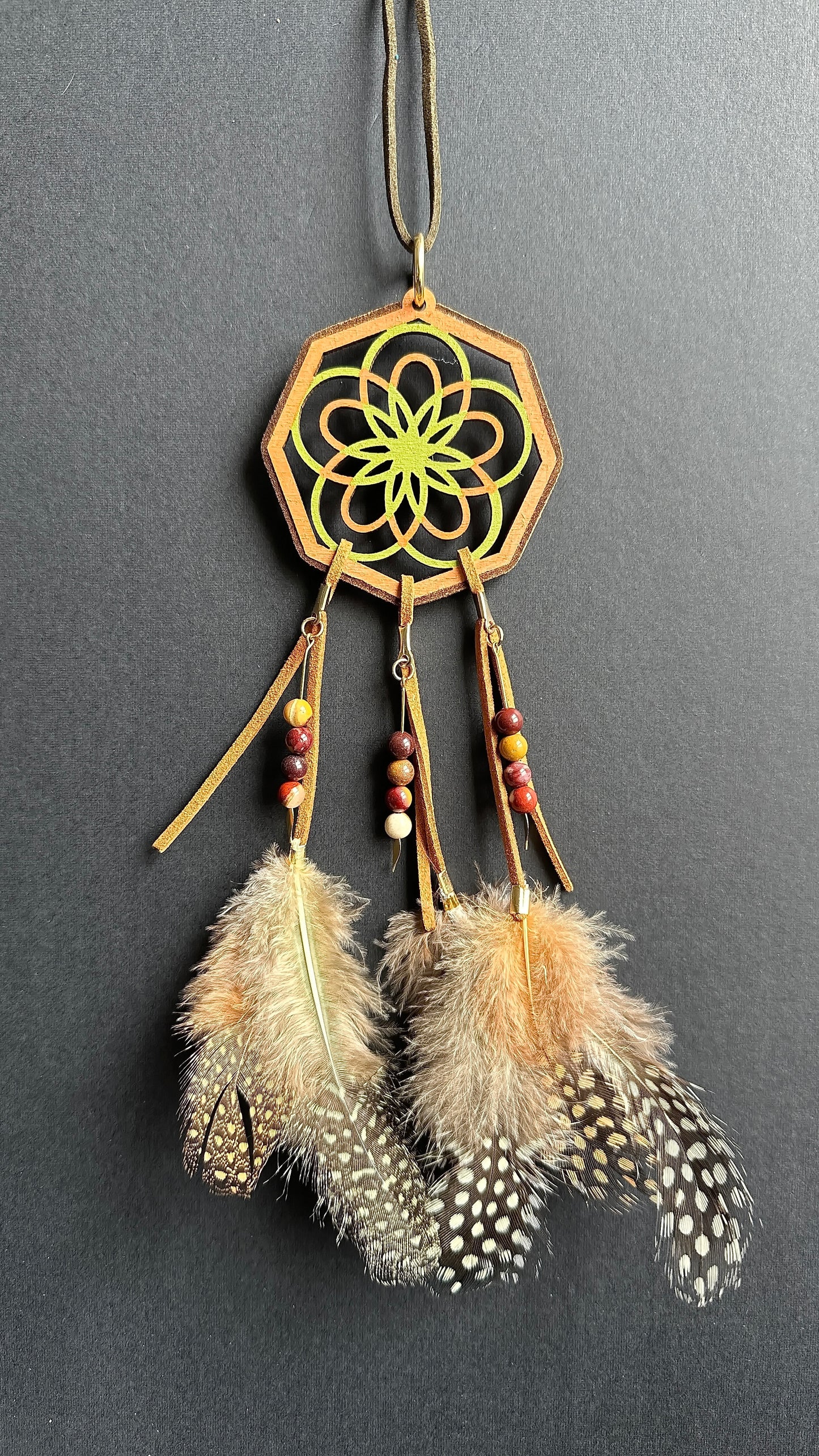 Hand painted Wooden Dreamcatcher w/ Mookaite & Pheasant Feathers (M)