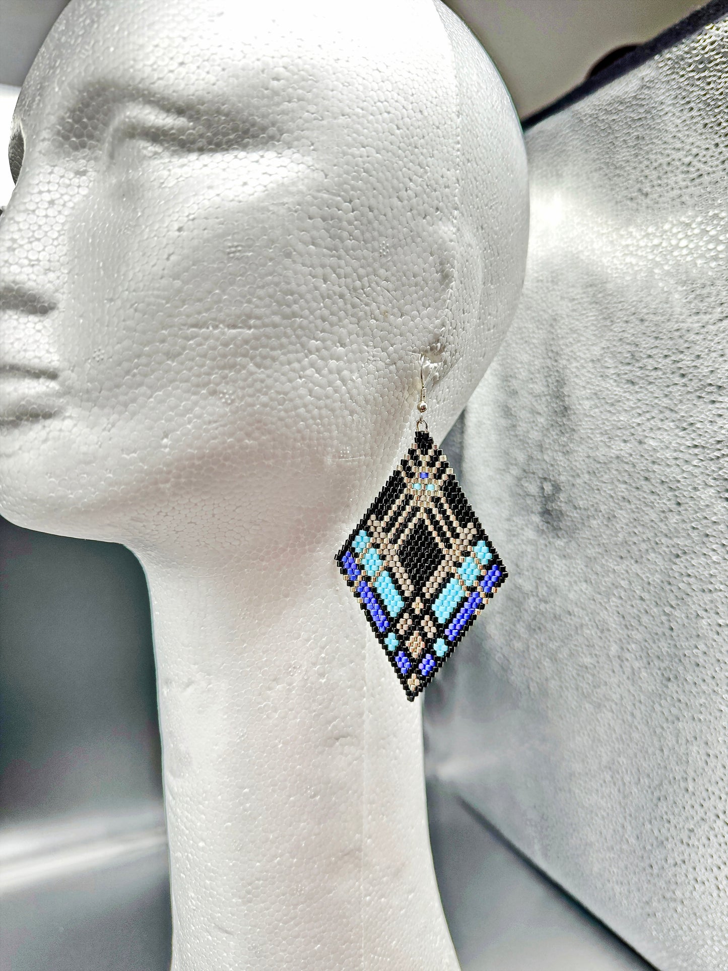 Indigenous Handcrafted Beaded Earrings - 'Plaid' - Blue