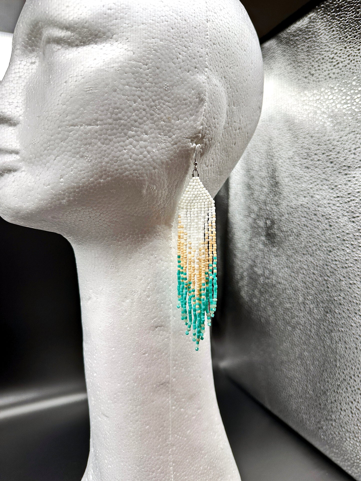 Indigenous Handcrafted Beaded Earrings - 'Feather' - White