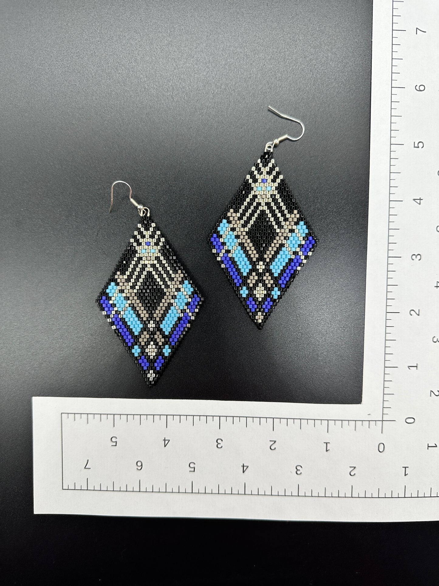 Indigenous Handcrafted Beaded Earrings - 'Plaid' - Blue