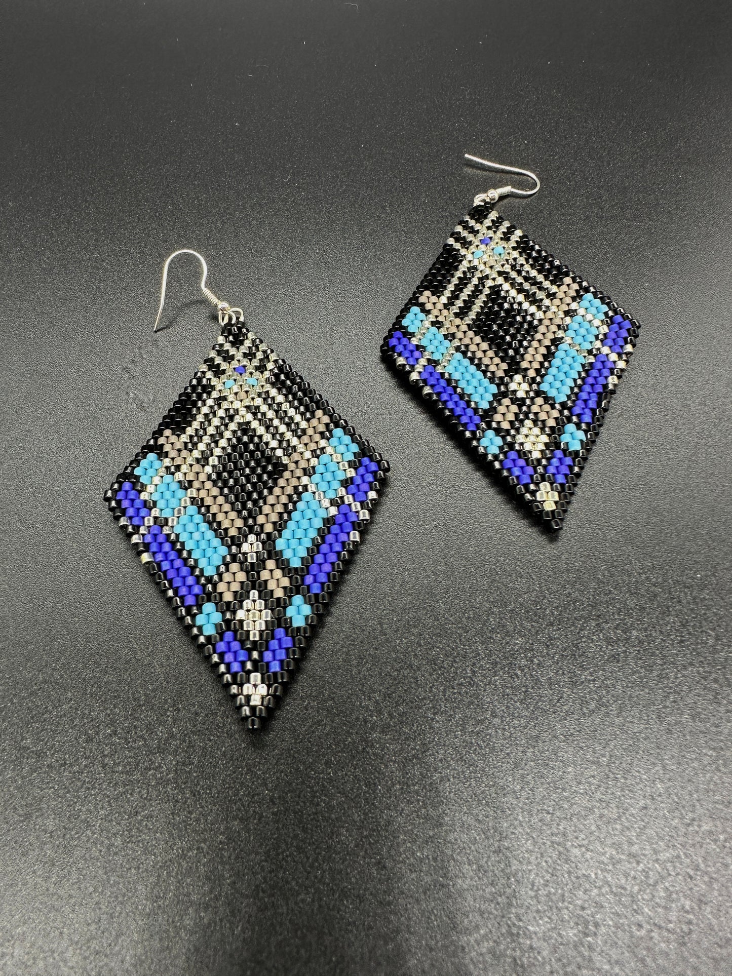 Indigenous Handcrafted Beaded Earrings - 'Plaid' - Blue