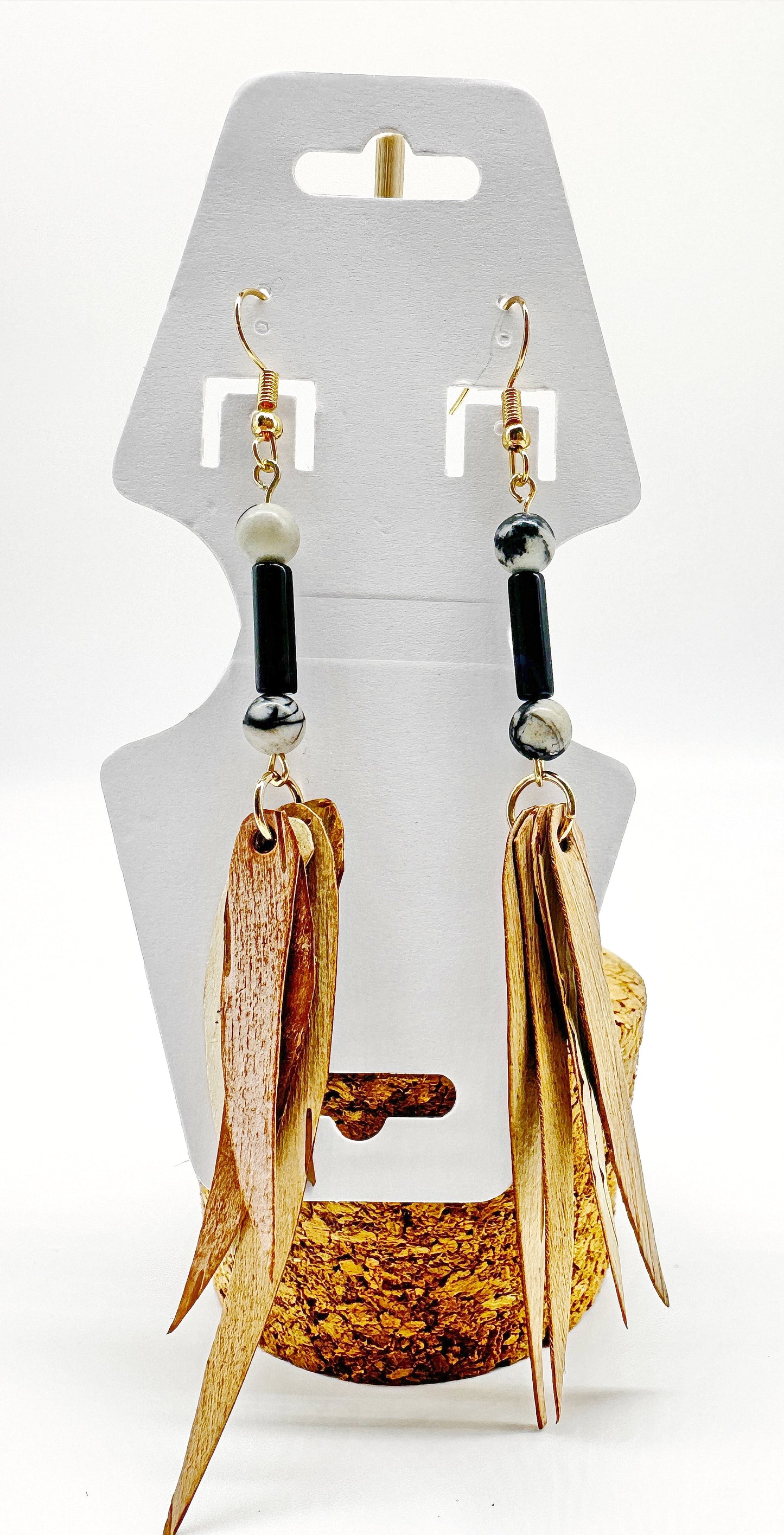 Indigenous Handcrafted Earrings - Birch Bark, Tuxedo and Black Network Agates