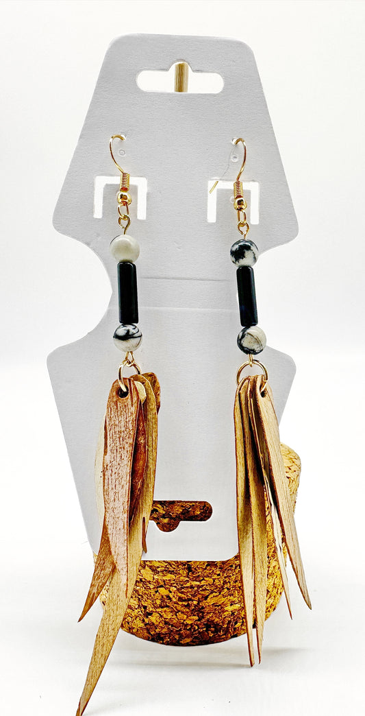 Indigenous Handcrafted Earrings - Birch Bark, Tuxedo and Black Network Agates